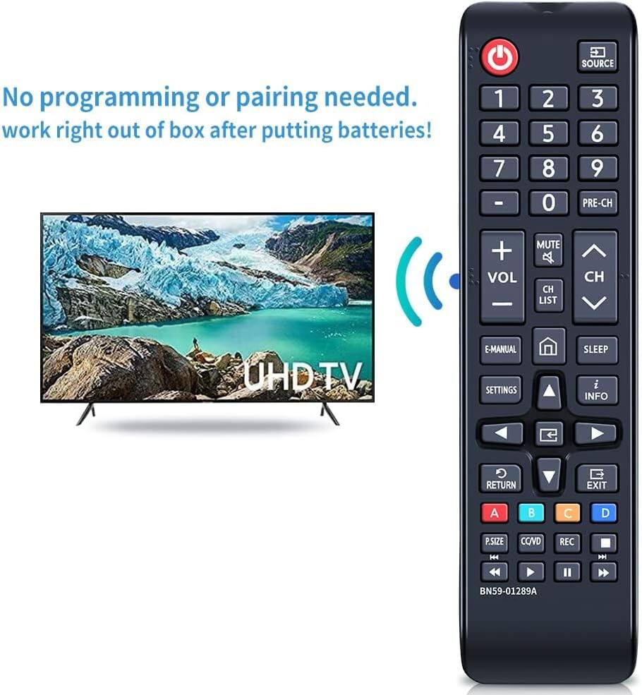 No programming or pairing needed. work right out of box after putting batteries! 1 2 3 4 5 6 7 8 9 0 SOURCE PRE-CH + VOL - MUTE A CH LIST CH E-MANUAL SETTINGS SLEEP i INFO G RETURN EXIT A  C D P.SIZE CCVVD REC H I BN59-01289A