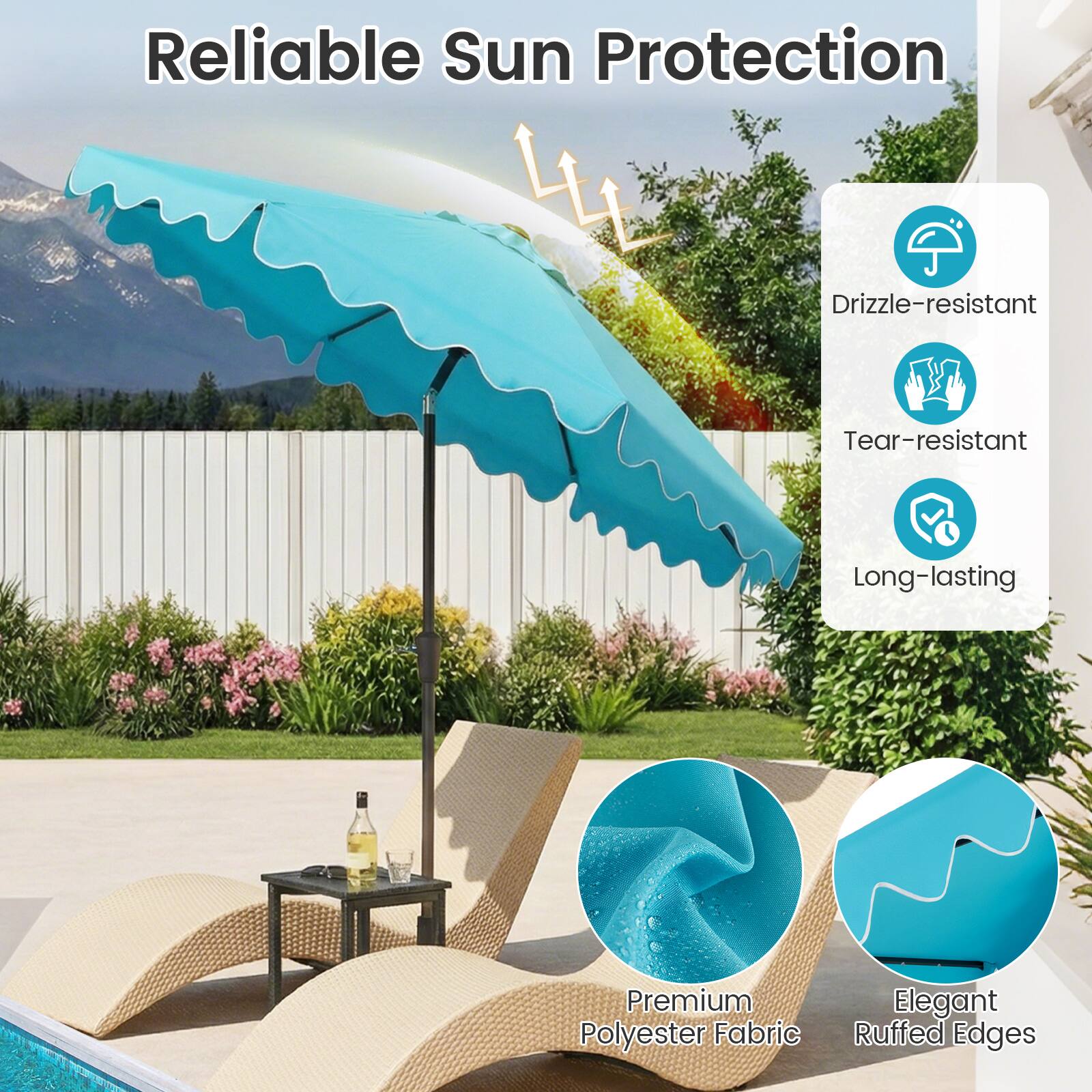 Reliable Sun Protection  
Drizzle-resistant  
Tear-resistant  
Long-lasting  
Premium Polyester Fabric  
Elegant Ruffled Edges