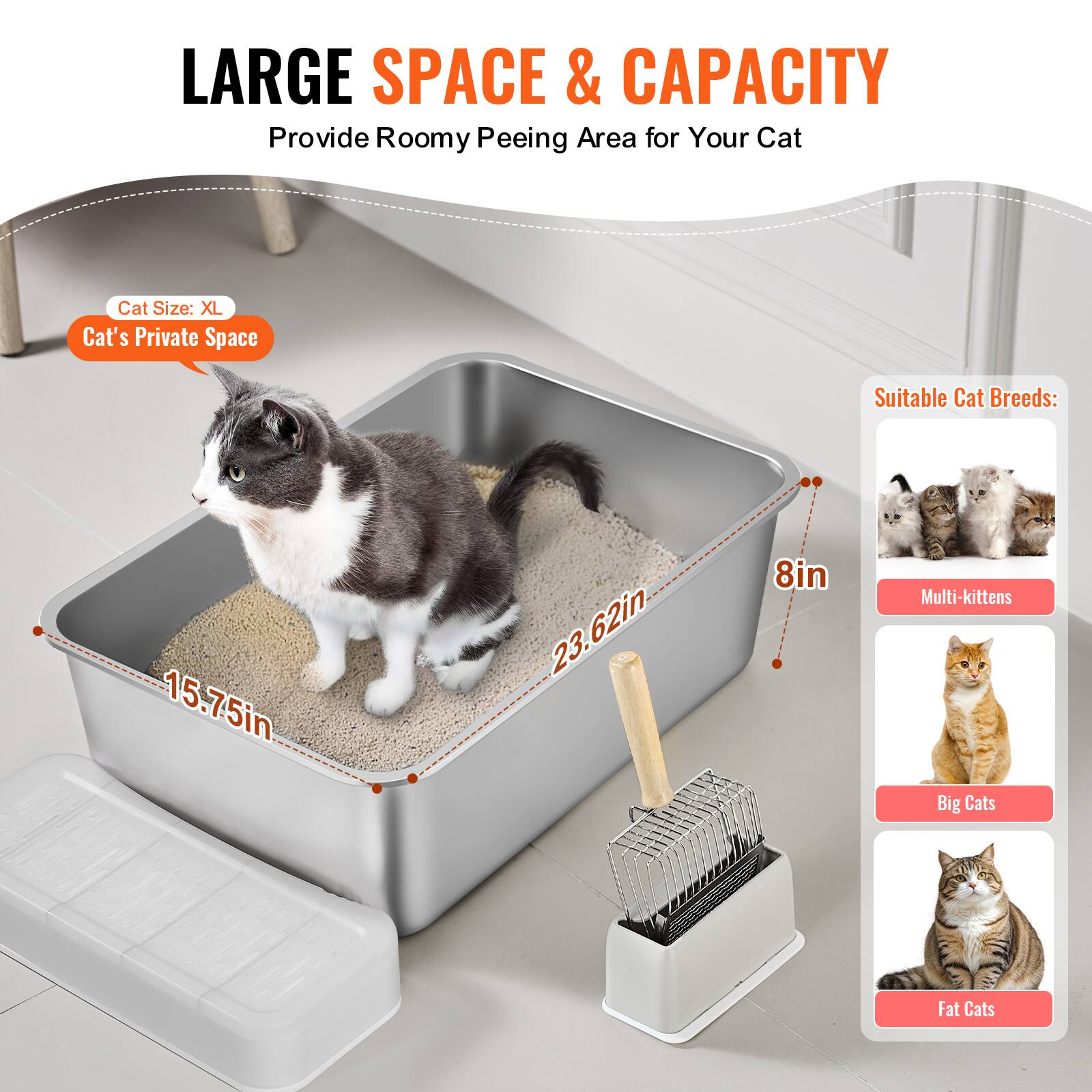 LARGE SPACE & CAPACITY: Provide Roomy Peeing Area for Your Cat

Cat Size: XL
Cat's Private Space

Suitable Cat Breeds:
- Multi-Kittens
- Big Cats
- Fat Cats

Dimensions:
- Length: 15.75in
- Width: 23.62in
- Height: 8in