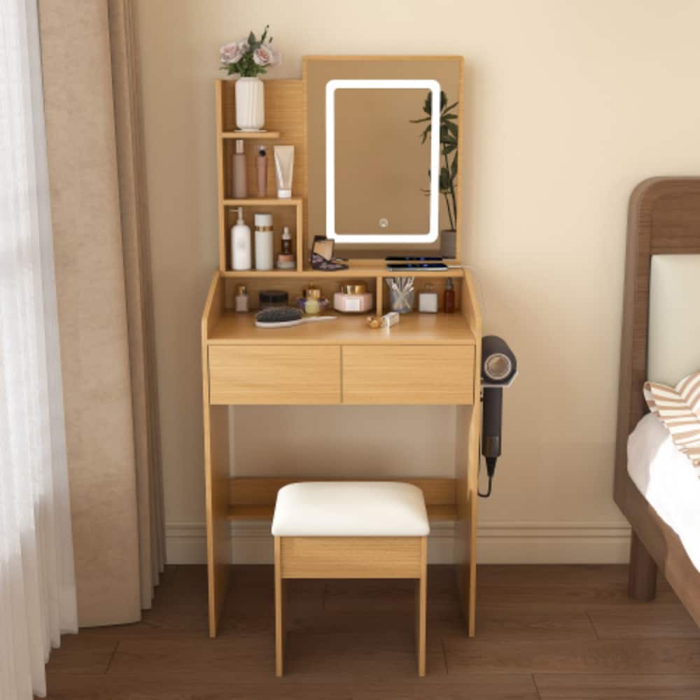 LUCKY ONE - Compact Vanity Table with LED Mirror, Power Outlet, Hairdryer Holder, Drawers and Stool for Small Bedroom - Wood