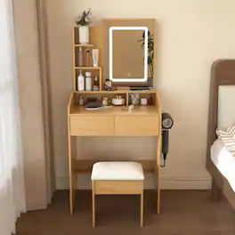 LUCKY ONE - Compact Vanity Table with LED Mirror, Power Outlet, Hairdryer Holder, Drawers and Stool for Small Bedroom - Wood