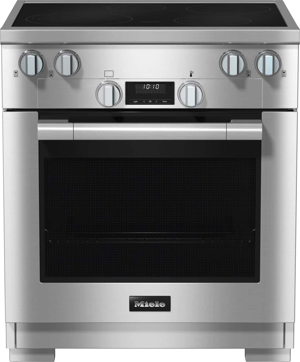 The image features a stainless steel oven with a digital display showing the time of 10:10. The oven has a large, silver surface and is equipped with a timer and temperature controls. The oven is likely a high-quality, modern appliance, possibly made by a reputable brand such as Miele or LG.