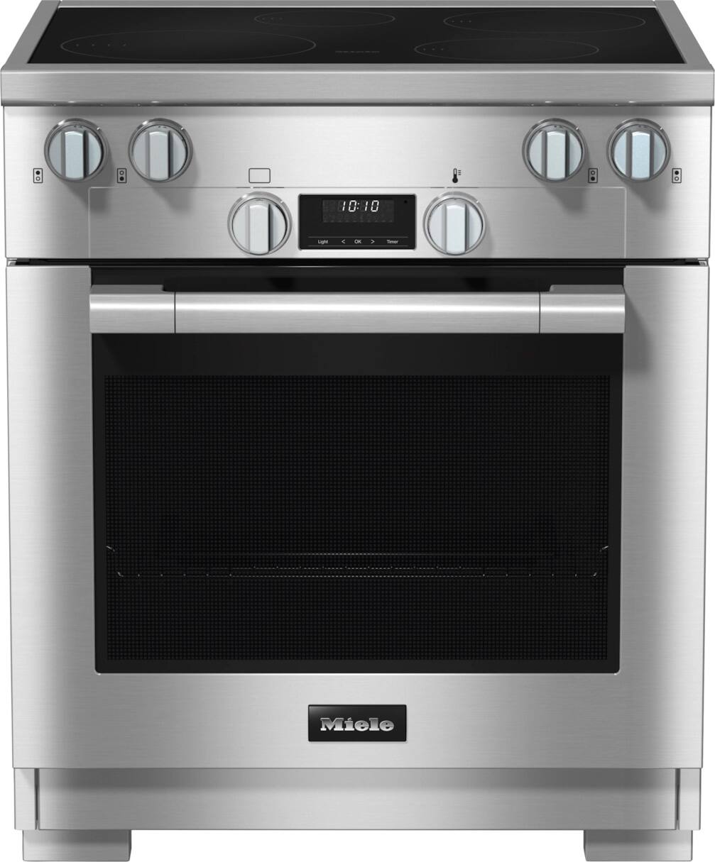 The image features a stainless steel oven with a digital display showing the time of 10:10. The oven has a large, silver surface and is equipped with a timer and temperature controls. The oven is likely a high-quality, modern appliance, possibly made by a reputable brand such as Miele or LG.