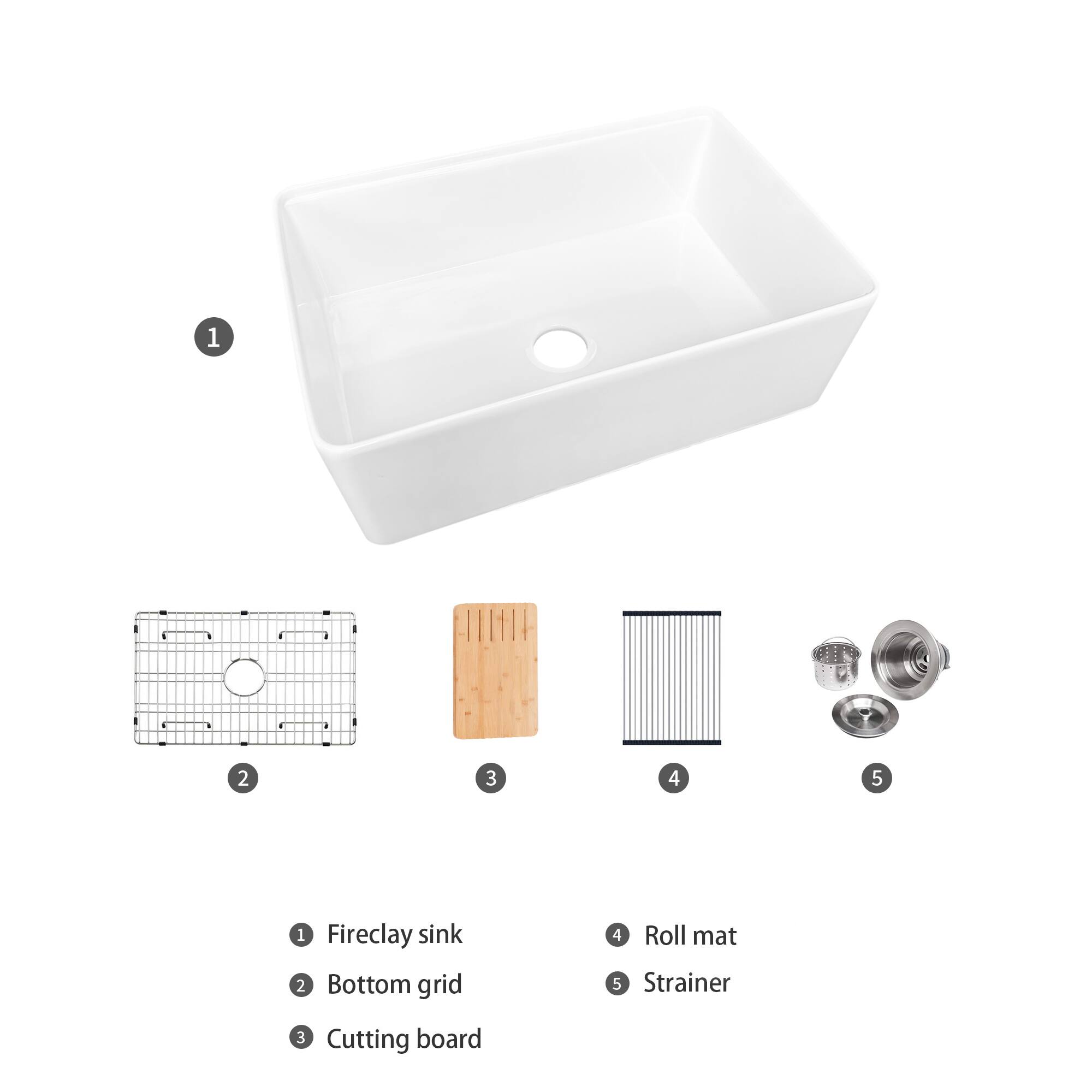 1. Fireclay sink  
2. Bottom grid  
3. Cutting board  
4. Roll mat  
5. Strainer