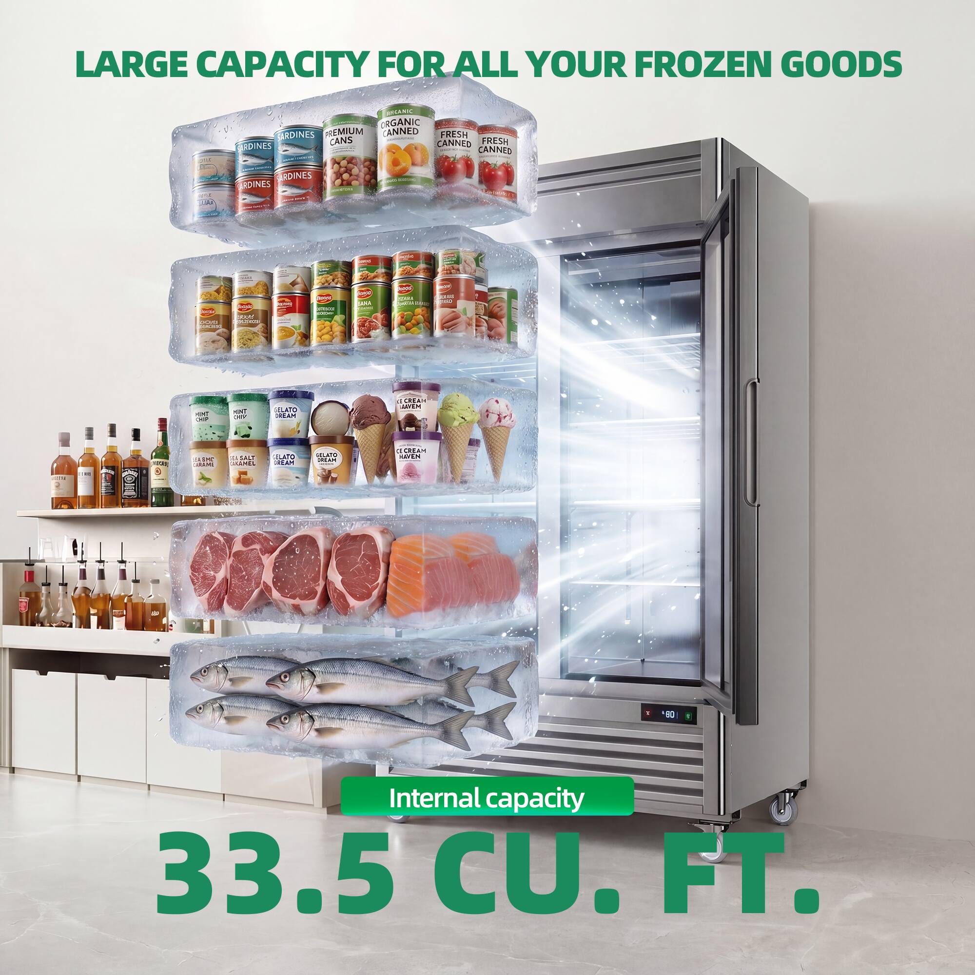 LARGE CAPACITY FOR ALL YOUR FROZEN GOODS

ORGANIC BIRDINES PREMIUM CANNED FRESH CANS CANNED FRESH BIRDINES - CANNED BIRDINES

ALSO CREAM

Internal capacity 33.5 CU. FT.