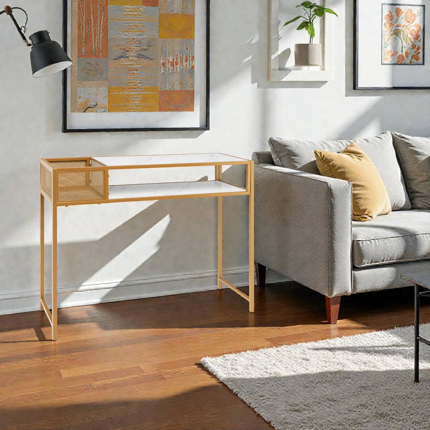 Front. Hivvago - Chic Marble-Effect Console with Open Wire Storage for Foyer - White, Gold.