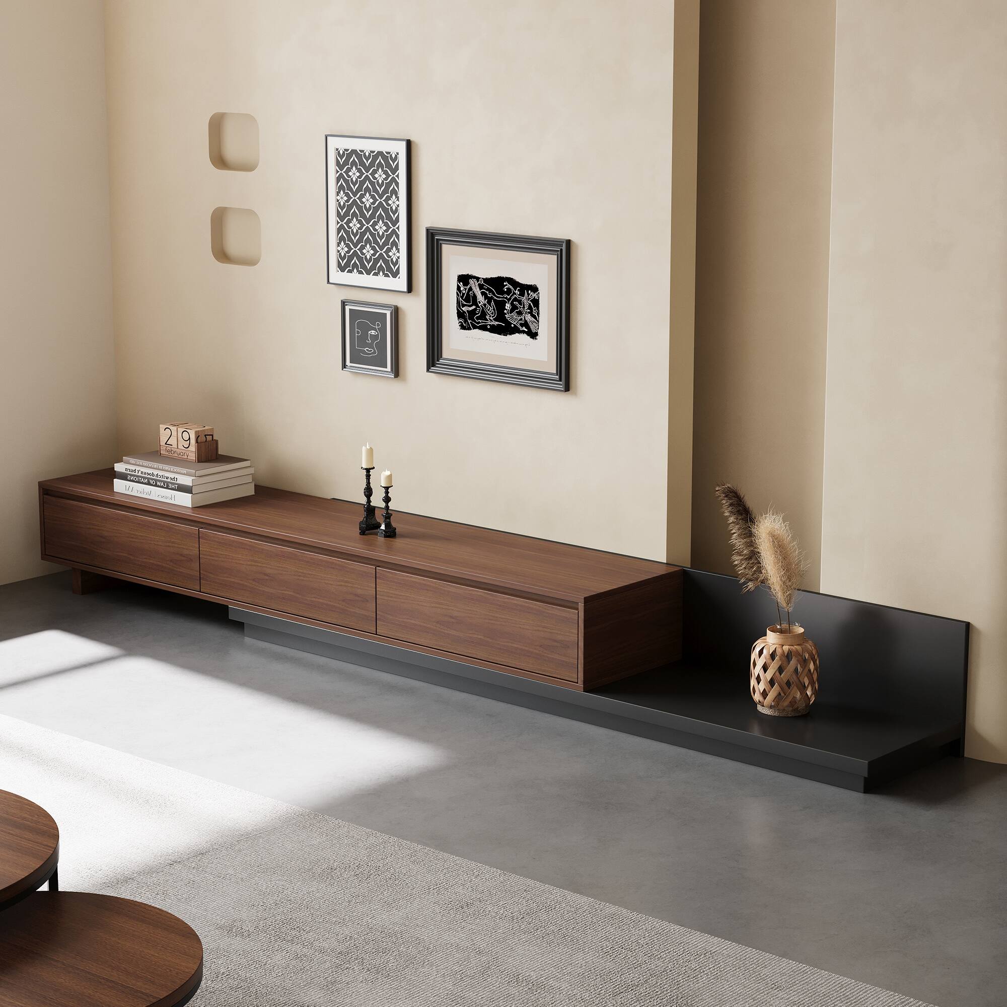 luck idea - Modern 78.7-Inch Expandable TV Stand with Three Storage Drawers and Wood Grain Decorative Surface - Walnut color