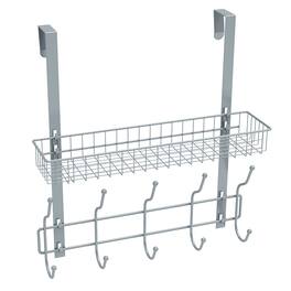 Oumilen - Over The Door Organizer with Single Wire Basket & 5 Hooks, Silver Metal Hanging Storage Rack for Bathroom Bedroom Closet - Silver