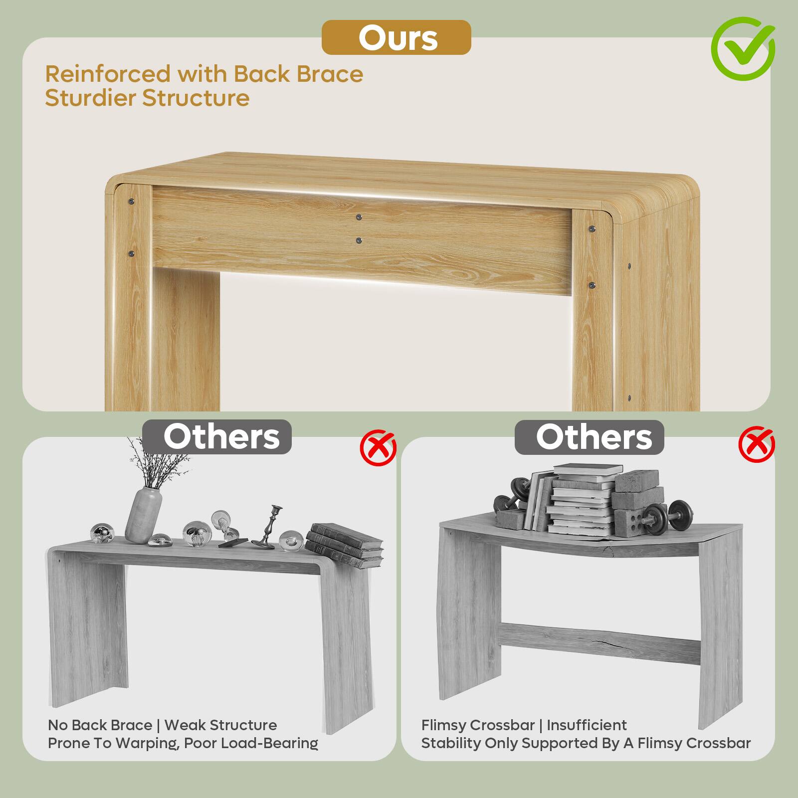 Ours  
Reinforced with Back Brace  
Sturdier Structure  

Others  
No Back Brace  
Weak Structure  
Prone To Warping, Poor Load-Bearing  

Others  
Flimsy Crossbar  
Insufficient Stability  
Only Supported By A Flimsy Crossbar
