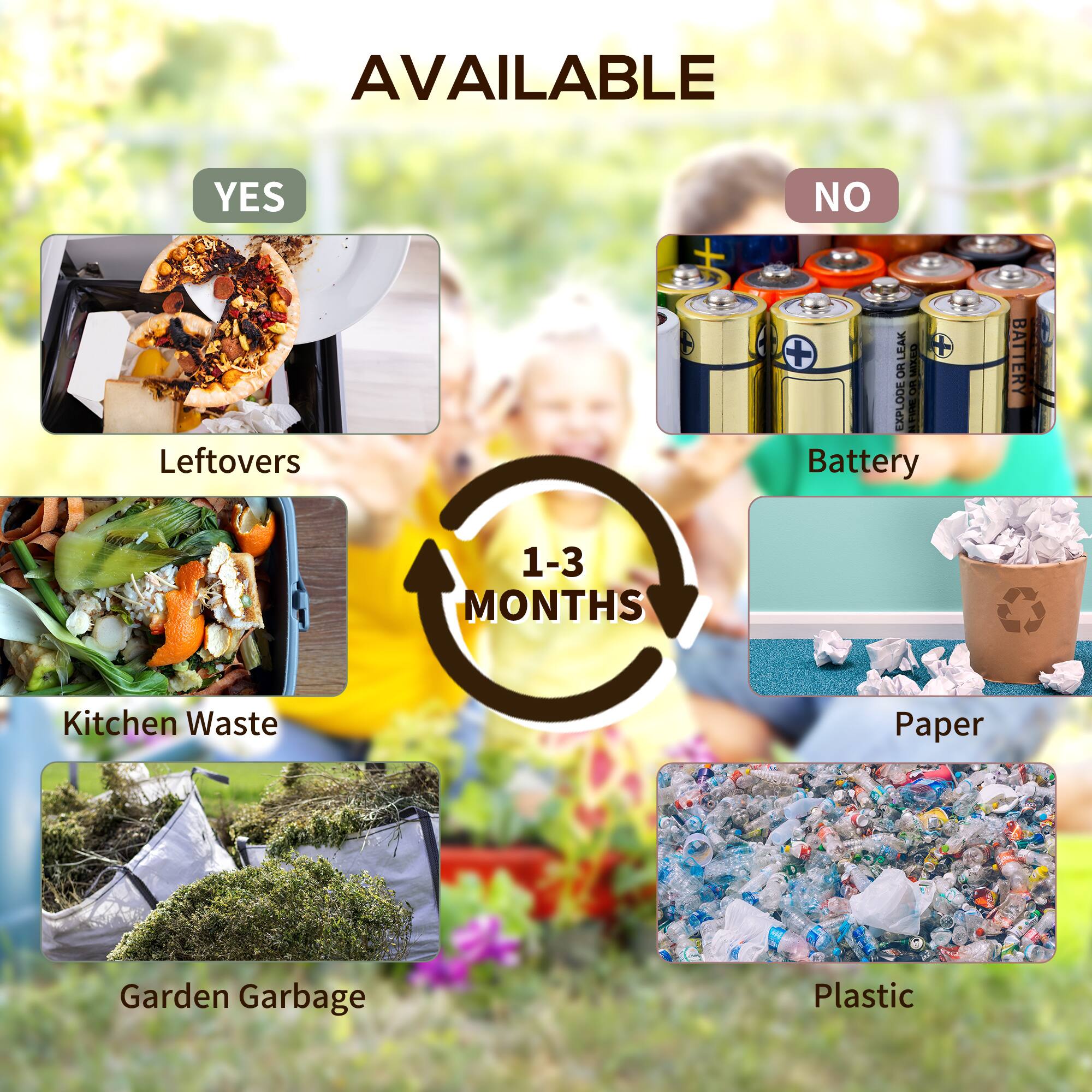 AVAILABLE

YES
- Leftovers
- Kitchen Waste
- Garden Garbage

NO
- Battery
- Paper
- Plastic

1-3 MONTHS