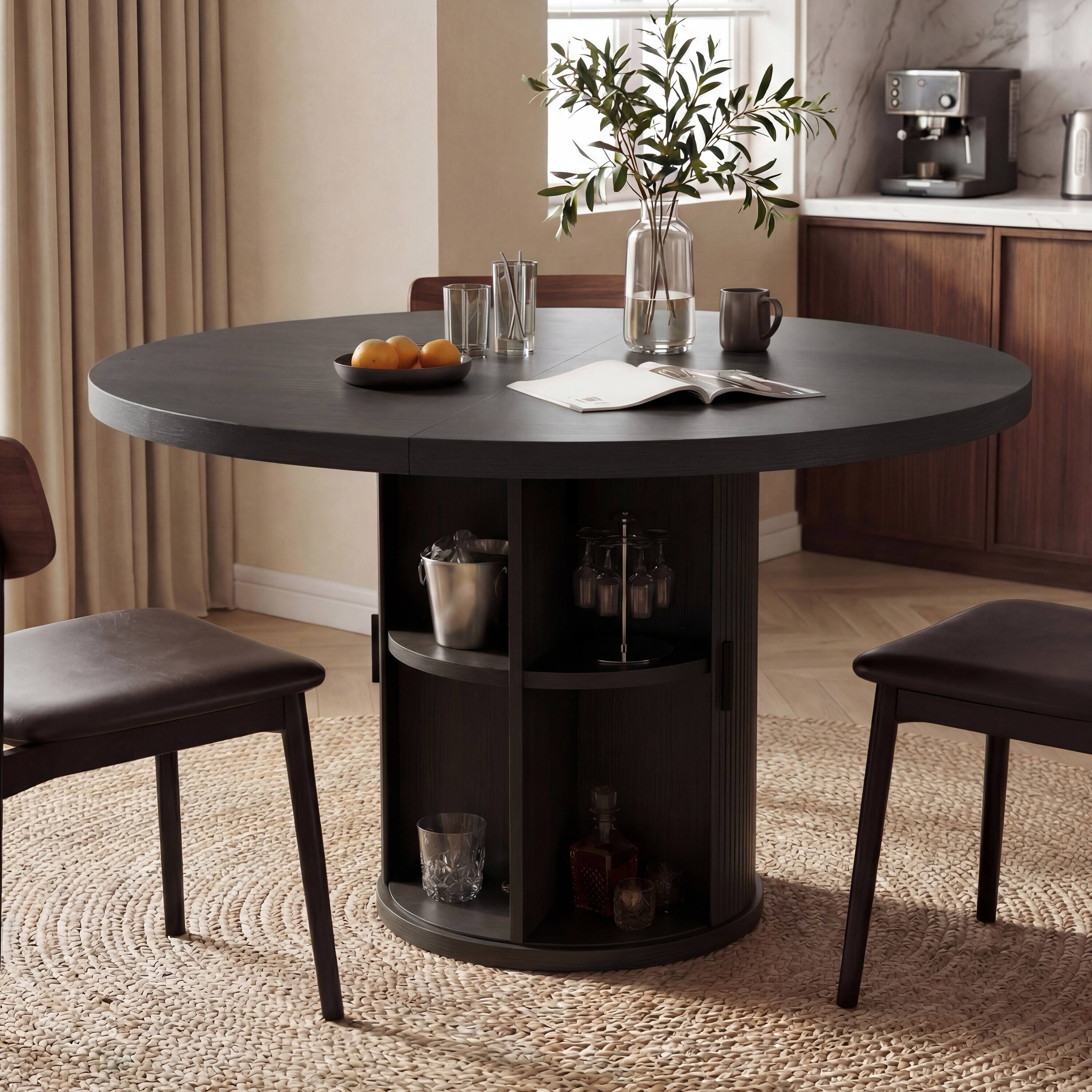 Left. Dyonery - 35.43-inch Round Wood Dining Table, Grooved Kitchen Dining Table, Round Dining Table with Storage Base, Round - Black.