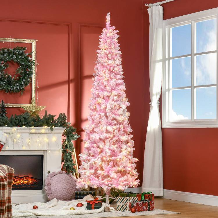 Alt View 1. PULUZ - 7.5ft Prelit Snow Flocked Artificial Christmas Tree with Pencil Shape, Pine Realistic Branches, Warm White LED lights, A - Pink and White.