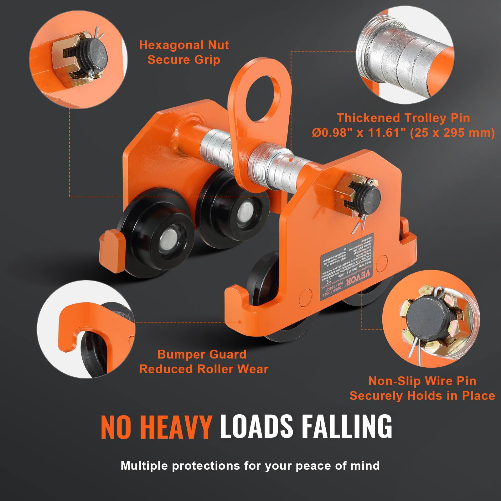 Hexagonal Nut Secure Grip  
Thickened Trolley Pin 0.98" x 11.61" (25 x 295 mm)  
Bumper Guard Reduced Roller Wear  
Non-Slip Wire Pin Securely Holds in Place  

NO HEAVY LOADS FALLING  
Multiple protections for your peace of mind