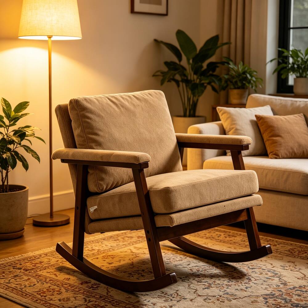 Angle. Loheer - Loheer Mid Century Modern Accent Chair Upholstered Rocking Chair Solid Wood Frame Reading Armchair for Bedroom Sunroom - Khaki.