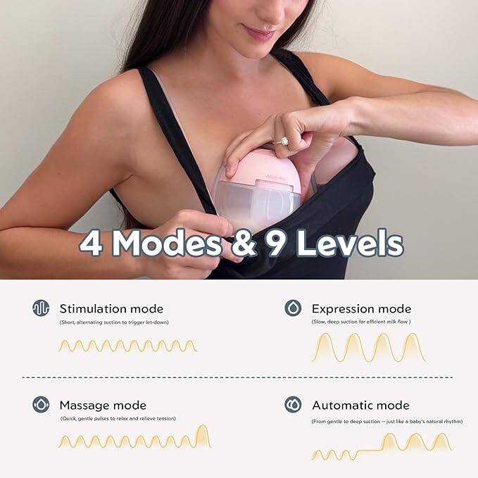 4 Modes & 9 Levels

Stimulation mode (Short, alternating suction to trigger let-down)  
Expression mode (Slow, deep suction for efficient milk flow)  
Massage mode (Quick, gentle pulses to relax and relieve tension)  
Automatic mode (From gentle to deep suction, just like a baby's natural rhythm)
