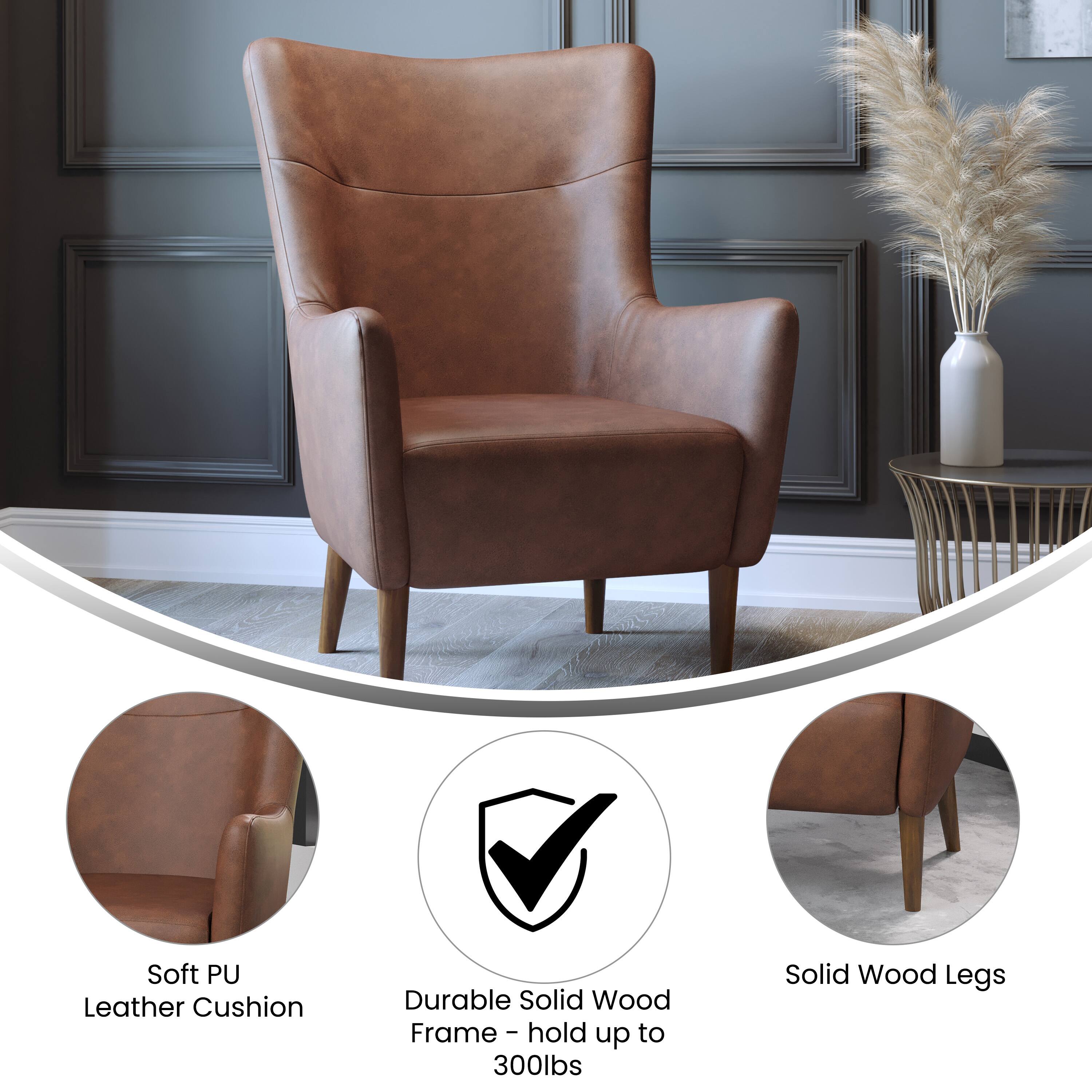 Soft PU Leather Cushion  
Durable Solid Wood Frame - holds up to 300lbs  
Solid Wood Legs