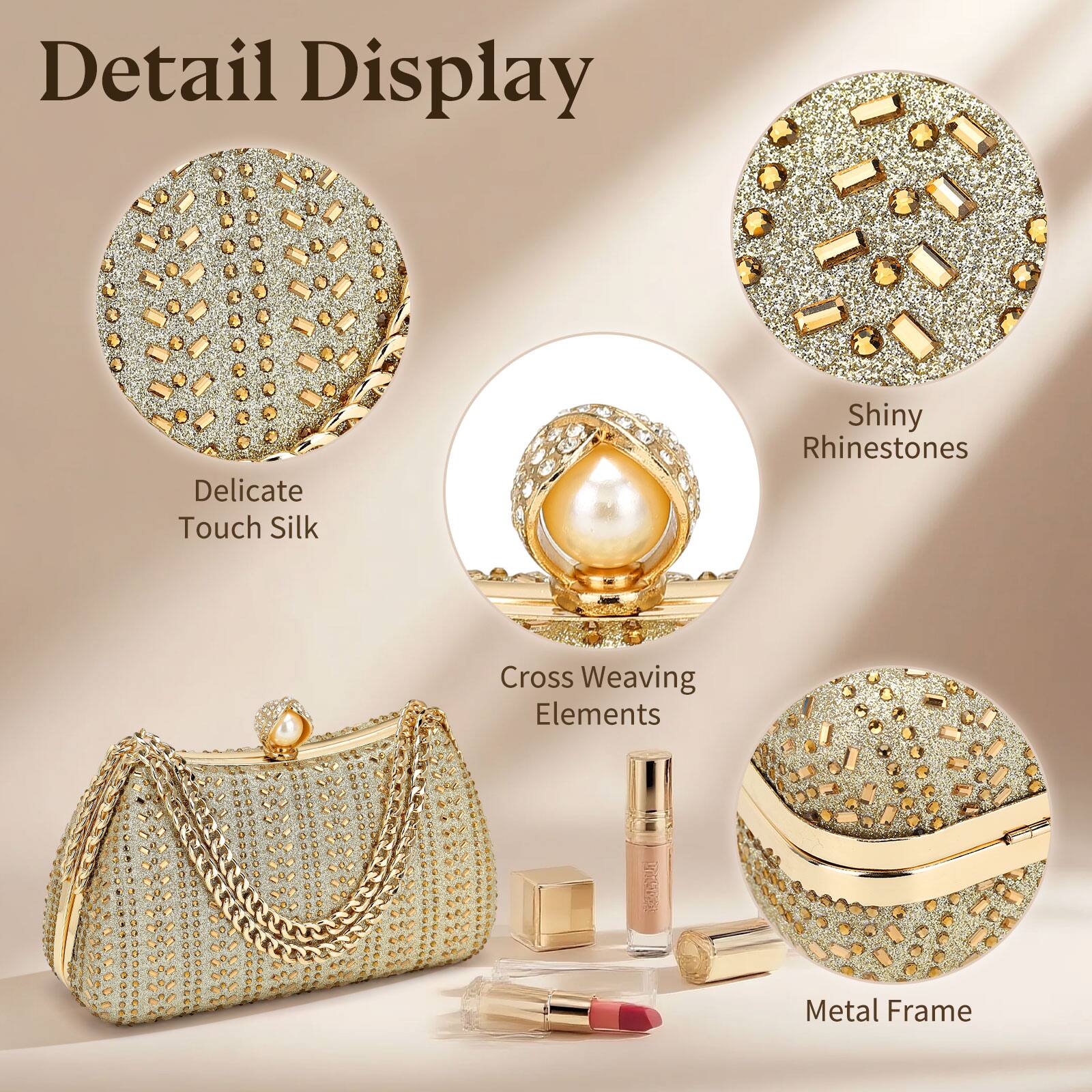 Detail Display

- Delicate Touch Silk
- Shiny Rhinestones
- Cross Weaving Elements
- Metal Frame