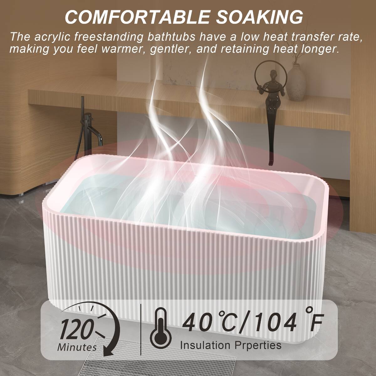 COMFORTABLE SOAKING  
The acrylic freestanding bathtubs have a low heat transfer rate, making you feel warmer, gentler, and retaining heat longer.  

120 Minutes  
40°C/104°F  
Insulation Properties