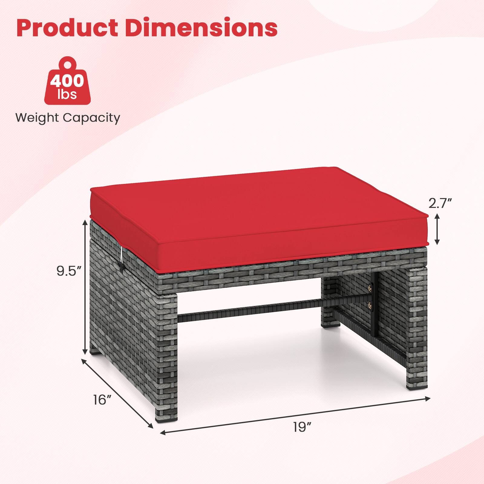 Product Dimensions

Weight Capacity: 400 lbs

Dimensions:
- 19" (width)
- 16" (depth)
- 9.5" (height)
- 2.7" (thickness)