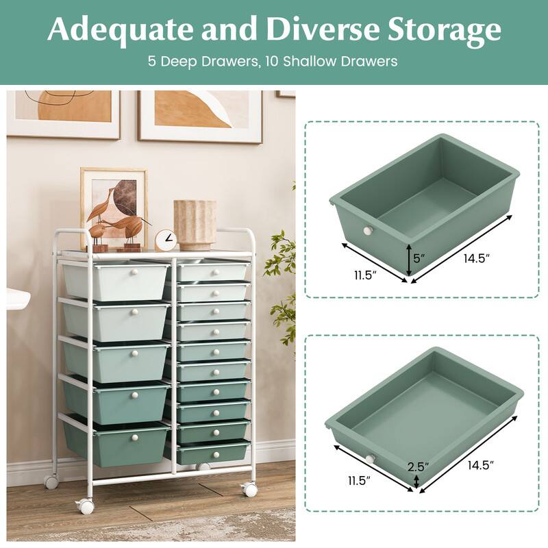 Adequate and Diverse Storage  
5 Deep Drawers, 10 Shallow Drawers  
11.5" x 5" x 14.5"  
11.5" x 2.5" x 14.5"