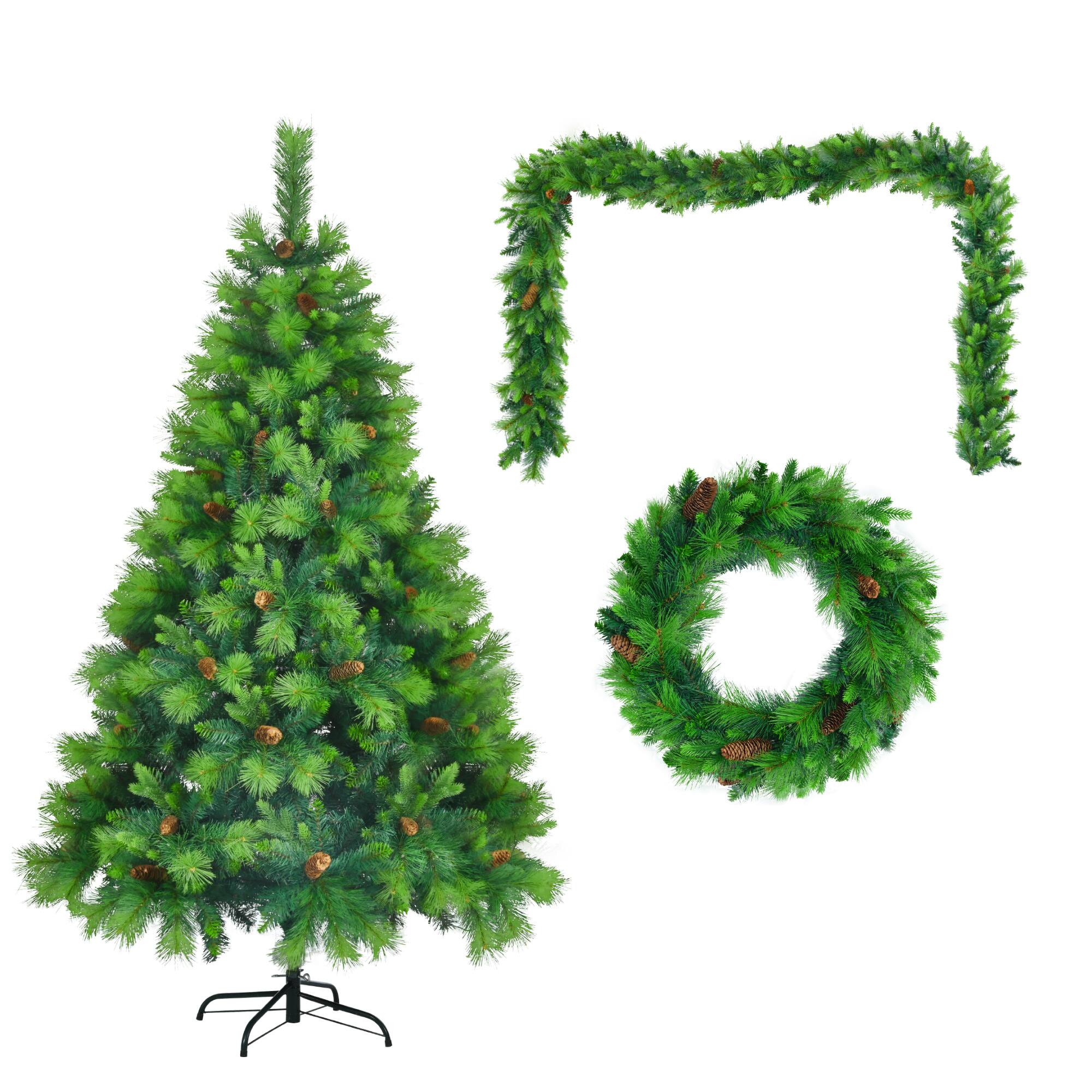 Alt View 4. Bestier - 6FT Large Branches Pine Christmas Tree, Pre-Lit Set with Tree, Garland & Wreath, Artificial Christmas with Pine Cones - Green + White.