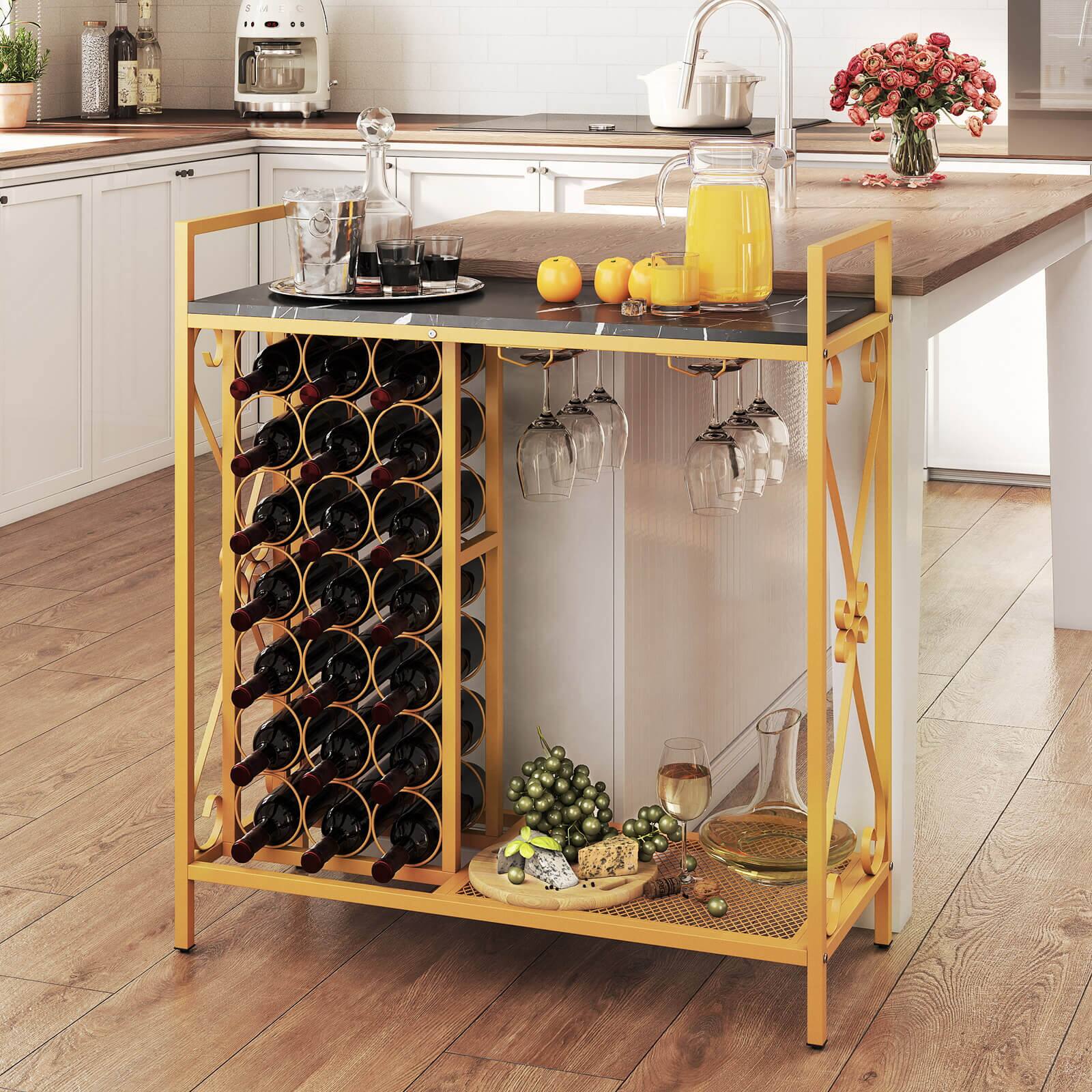 Alt View 4. Costway - Costway 21 Bottle Wine Rack Freestanding Floor Wine Bottle Organizer with Storage Shelf - Gold.