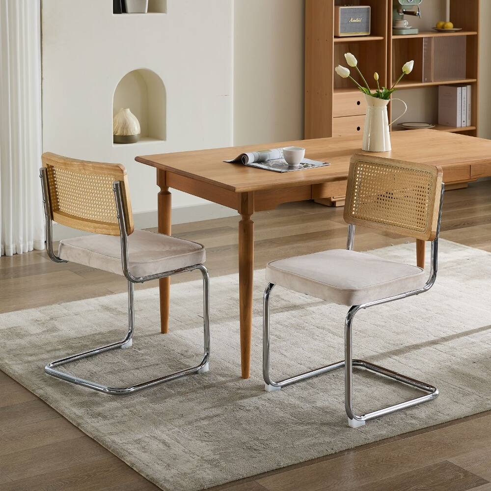 Alt View 8. Loheer - Loheer Mid Century Modern Dining Chairs Set of 2 Beige Velvet Accent Chairs Rattan Back Cantilever Chrome Base - Beige.