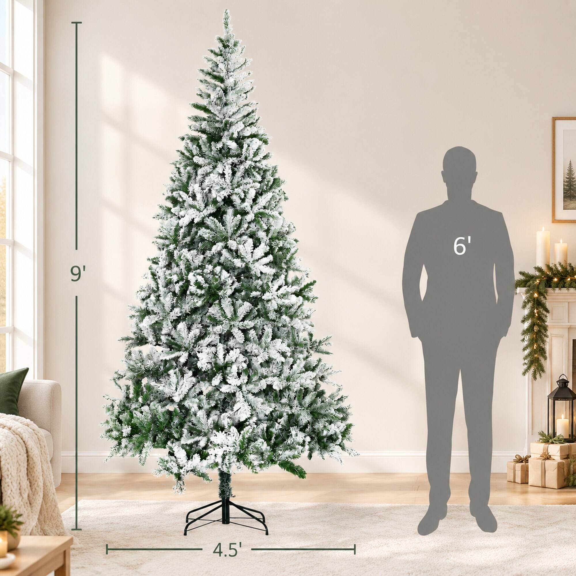 Alt View 3. RYHNUYNE - 9 Ft Unlit Snow Flocked Pine Green Christmas Tree With Realistic Branches,Hinged Design Metal Stand Easy Assembly - Green.