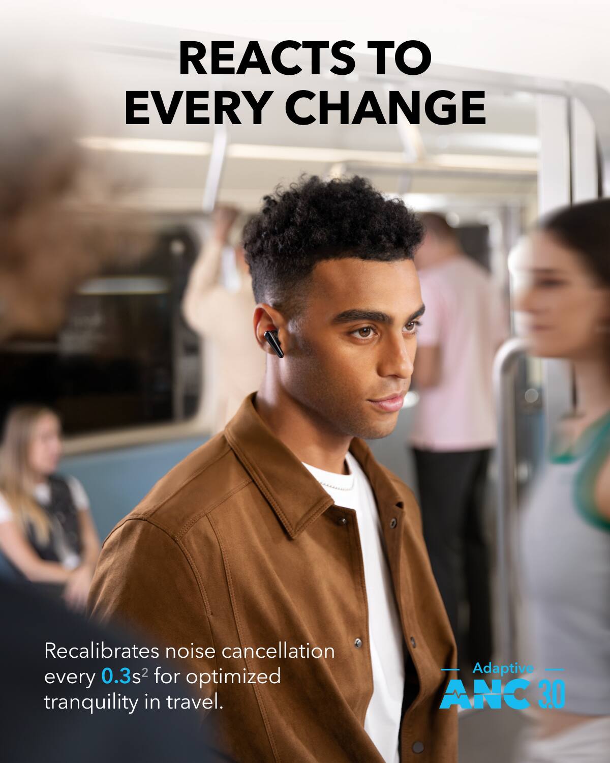 REACTS TO EVERY CHANGE Recalibrates noise cancellation every 0.3 seconds for optimized tranquility in travel. - Adaptive noise cancellation technology.