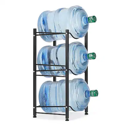 Front. Oumilen - Black 3-Tier Square Tube Water Jug Rack, 5 Gallon Water Bottle Storage Stand with Adjustable Feet - Black.