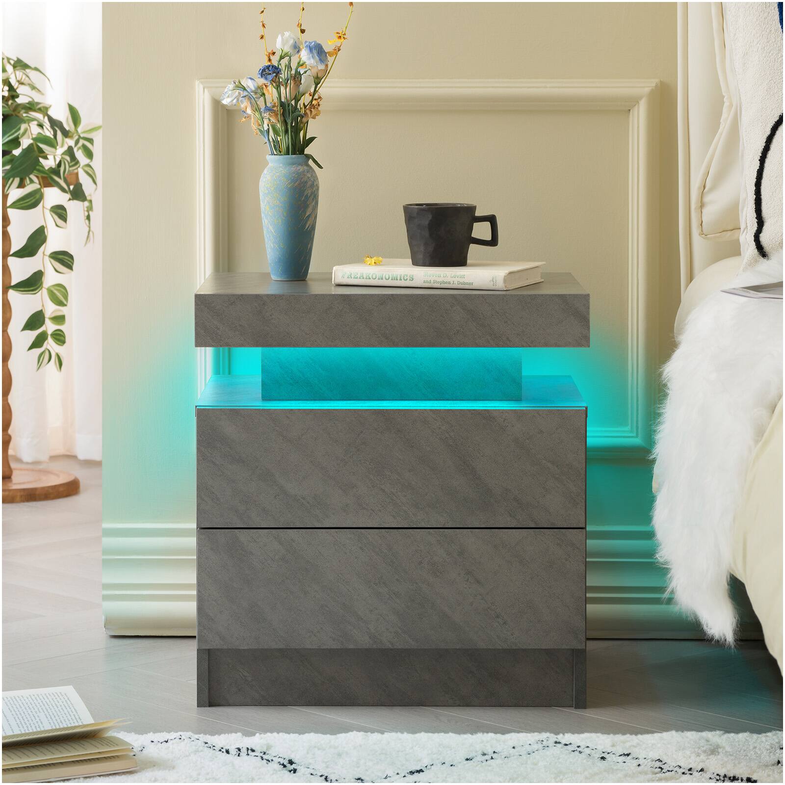 Ecooso - Modern Nightstand with LED Lights, 2-Drawer Bedside Table for Bedroom Storage, Adjustable Light Settings - Gray