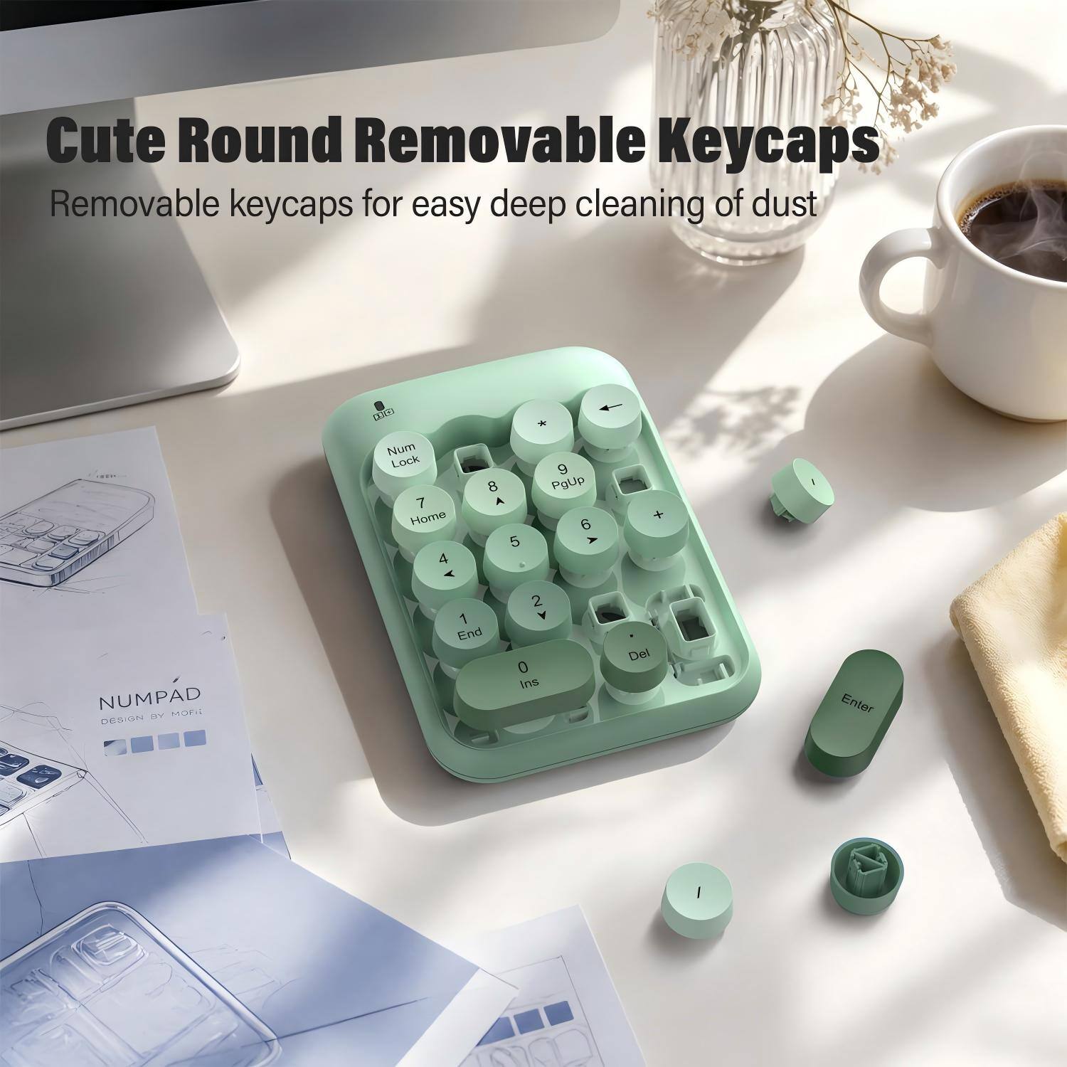 Cute Round Removable Keycaps  
Removable keycaps for easy deep cleaning of dust  

Num Lock  
7 Home 4 A 8 A 5 & * 9 PaLp 6 A + NUMPAD  

1 End 2 Y 0 ins Del Enter
