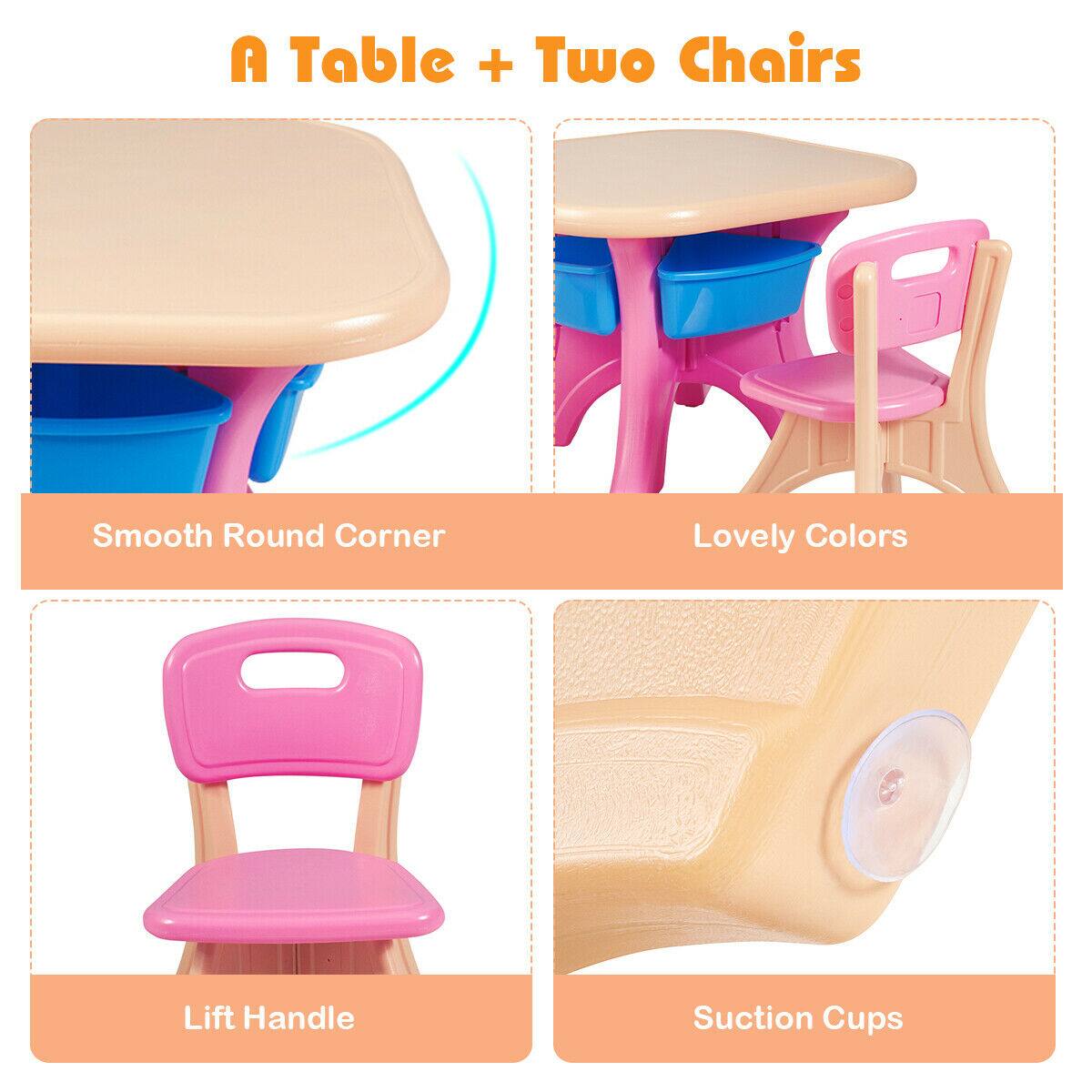 A Table + Two Chairs

- Smooth Round Corner
- Lovely Colors
- Lift Handle
- Suction Cups