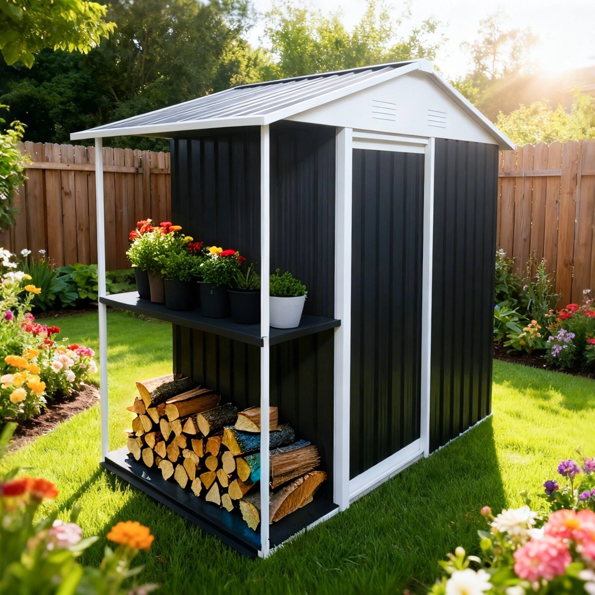 Angle. Anysun - 6 x 4 FT Outdoor Storage Shed with Rack – Metal Garden Shed with Storage Shelves, for Lawn, Backyard, Patio Use - Grey.