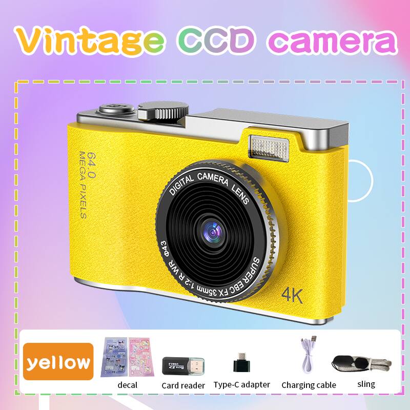 Vintage CCD camera  
MEGA 64 O PIXELS  
DIGITAL CAMERA LENS  
43 WR SUPER R 1:2 EBC 35mm FX  
4K  
yellow decal  
Card reader  
Type-C adapter  
Charging cable  
sling