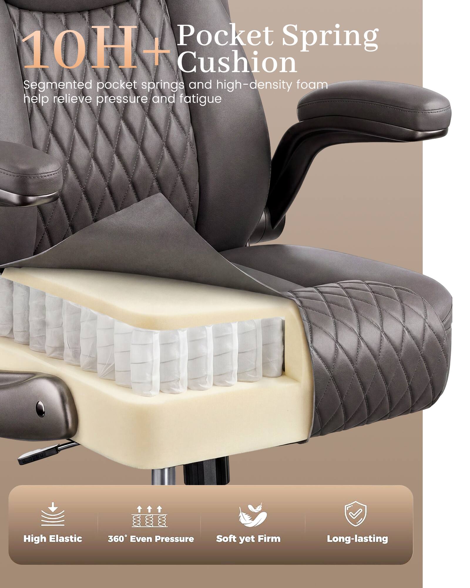 Pocket Spring 10H+ Cushion  
Segmented pocket springs and high-density foam help relieve pressure and fatigue

High Elastic  
360° Even Pressure  
Soft yet Firm  
Long-lasting