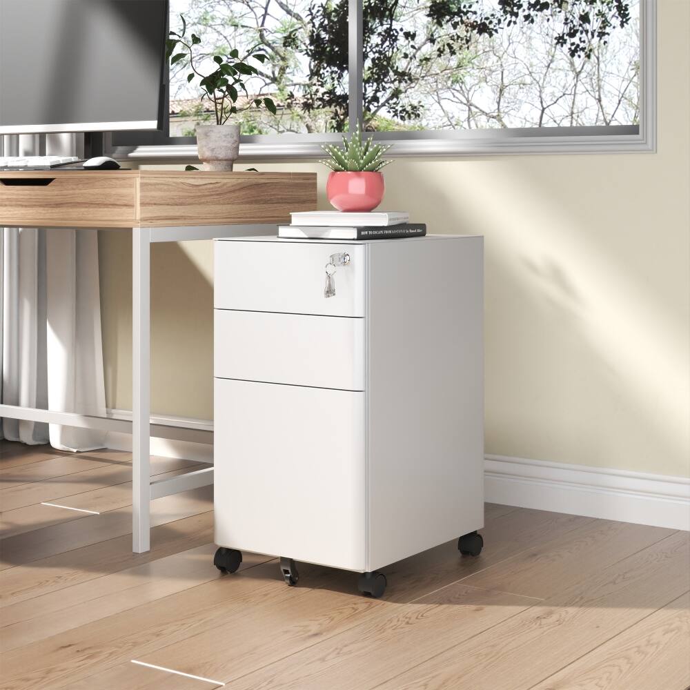 Angle. Loheer - Loheer 3-Drawer Mobile File Cabinet White Metal Rolling File Cabinet with Lock Fully Assembled Anti-Tip Design.