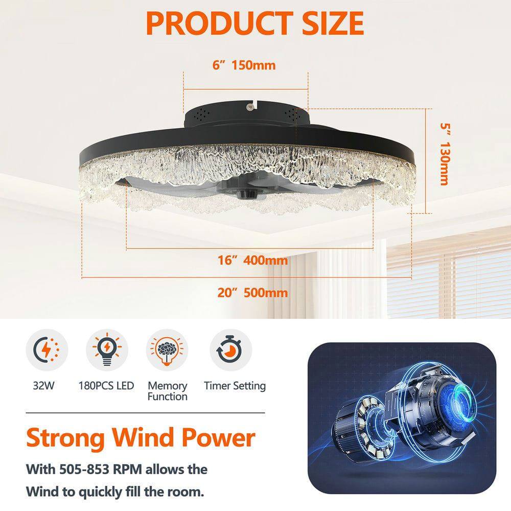 PRODUCT SIZE  
6" 150mm  
5" 130mm  
16" 400mm  
20" 500mm  

32W  
180PCS LED  
Memory Function  
Timer Setting  

Strong Wind Power  
With 505-853 RPM allows the Wind to quickly fill the room.