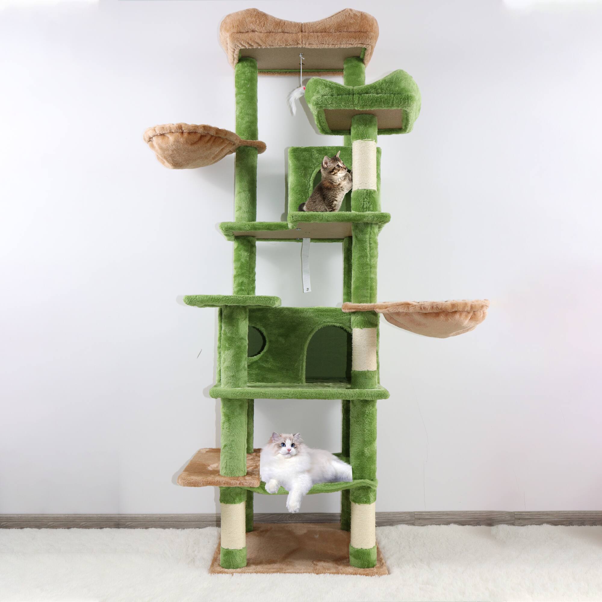 Alt View 2. Siljoy - 68in Green Cat Tree Tower with 6 Levels, Removable Cushions, Cat Cave & Hanging Basket - Multi-Cat Activity Center.