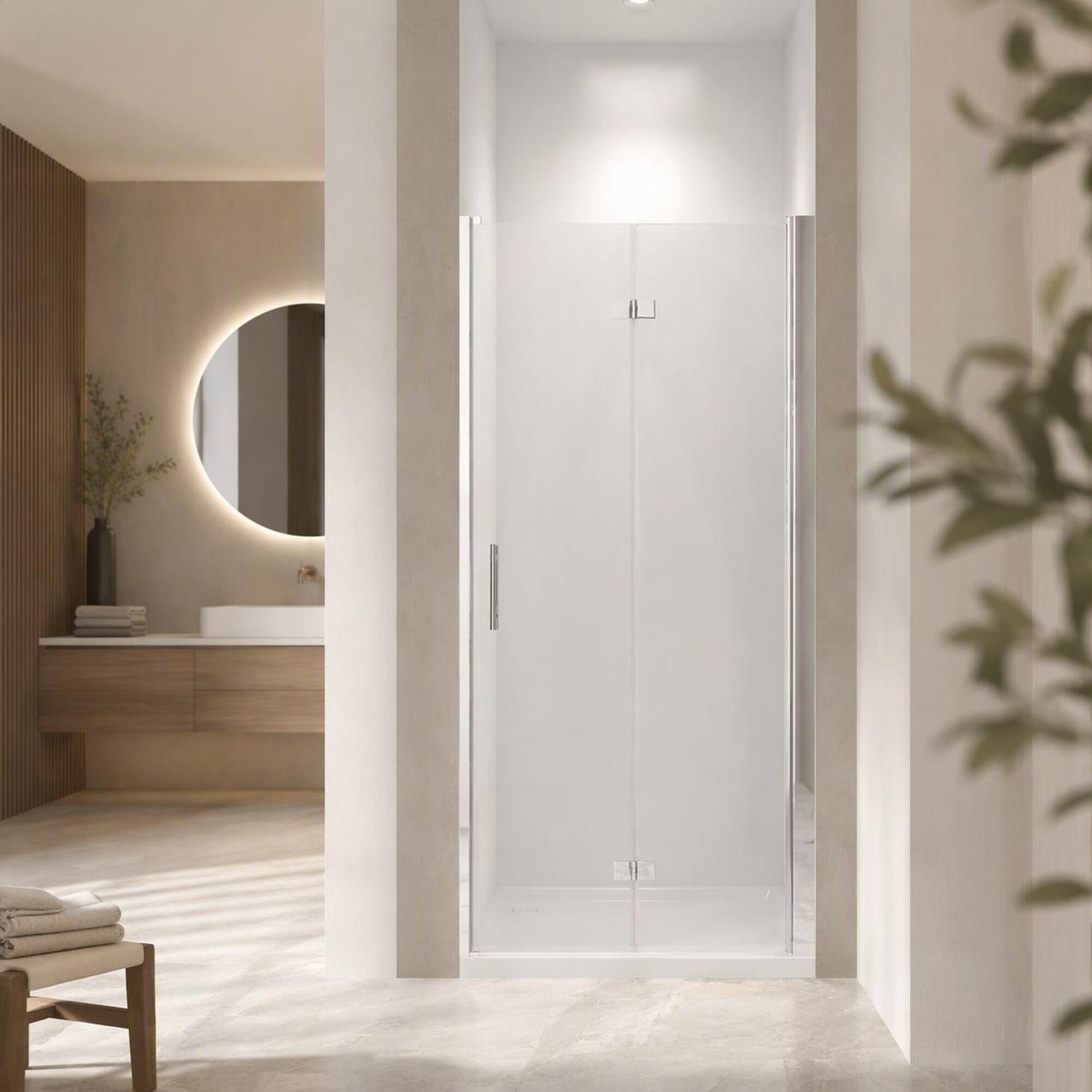 Front. RYHNUYNE - 32-33 In X 72 In Bifold Shower Door, 1/4 In Clear Tempered Glass Chrome Finish - Brushed Nickel.