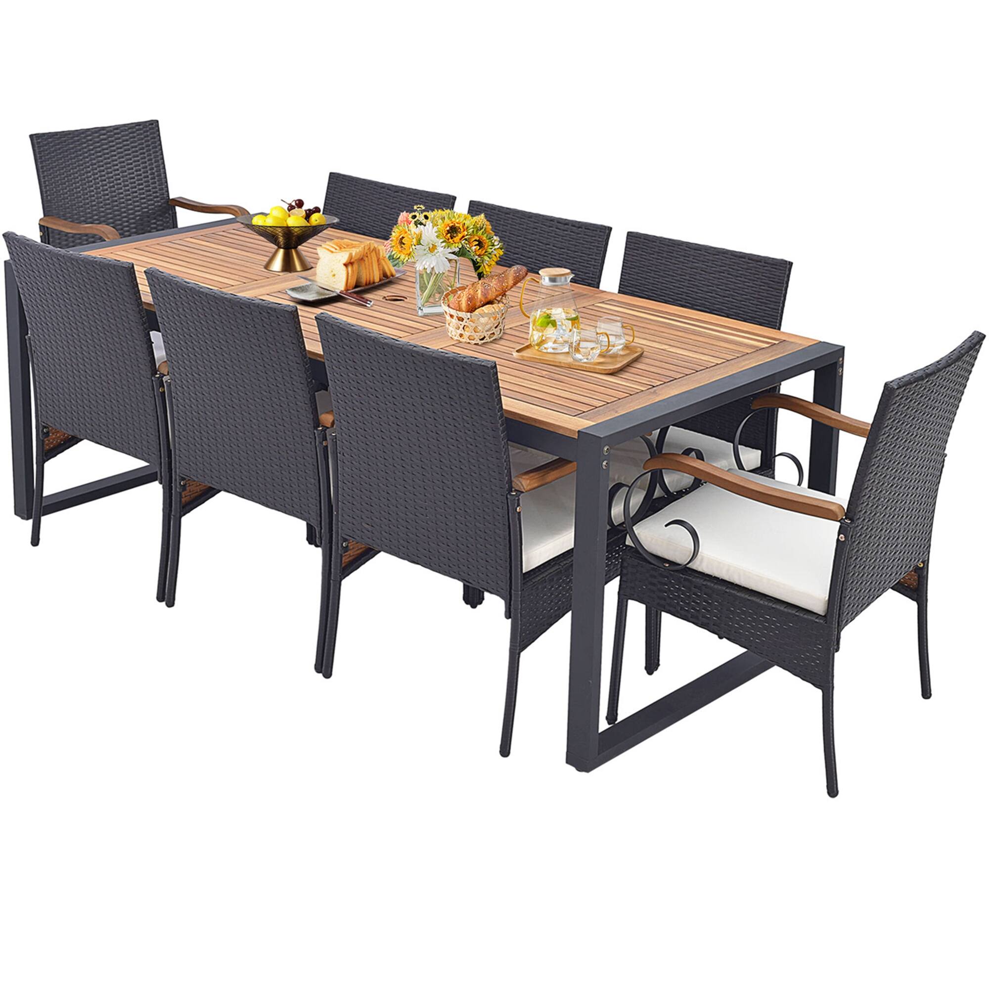 Alt View 9. Costway - 9 Pieces  Patio Rattan Dining Set with Acacia Wood Table, 1.9" Umbrella Hole - Mix Brown + Off White.