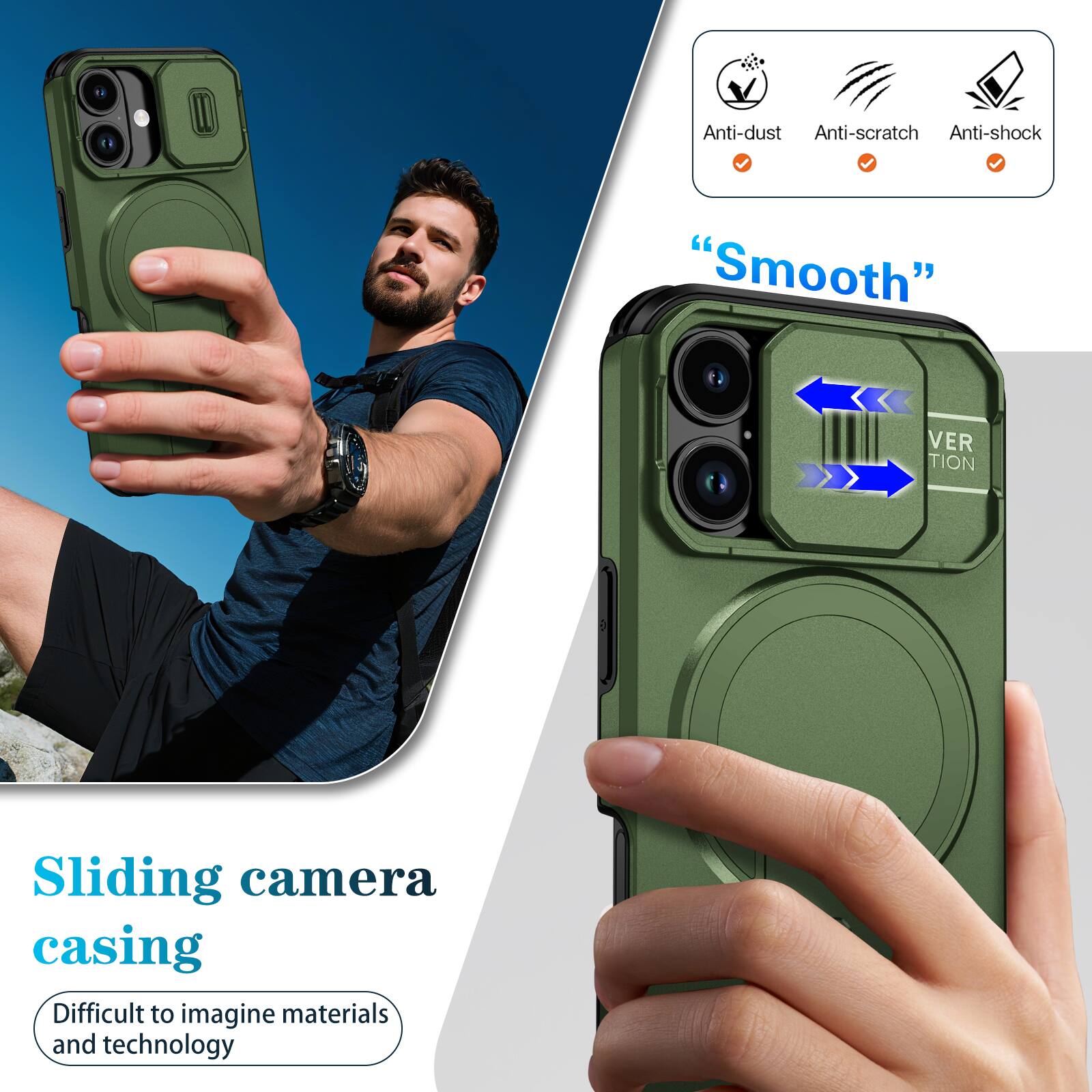 Anti-dust  
Anti-scratch  
Anti-shock  
"Smooth"  
VER TION  
Sliding camera casing  
Difficult to imagine materials and technology