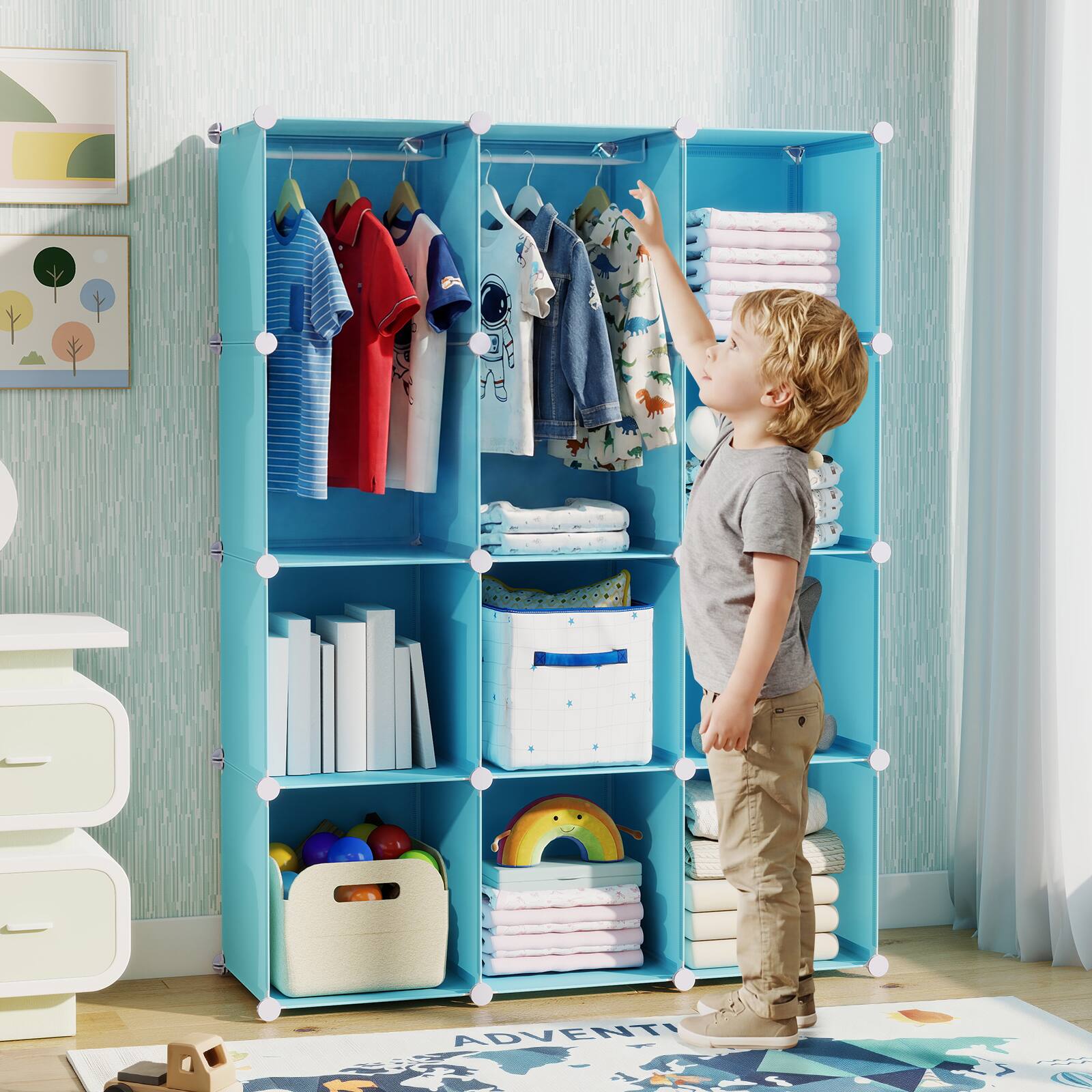 Alt View 1. Costway - Costway 10-Cube Modular Baby Wardrobe Closet with Hanging Rods & Open Shelves for Clothes - Blue.