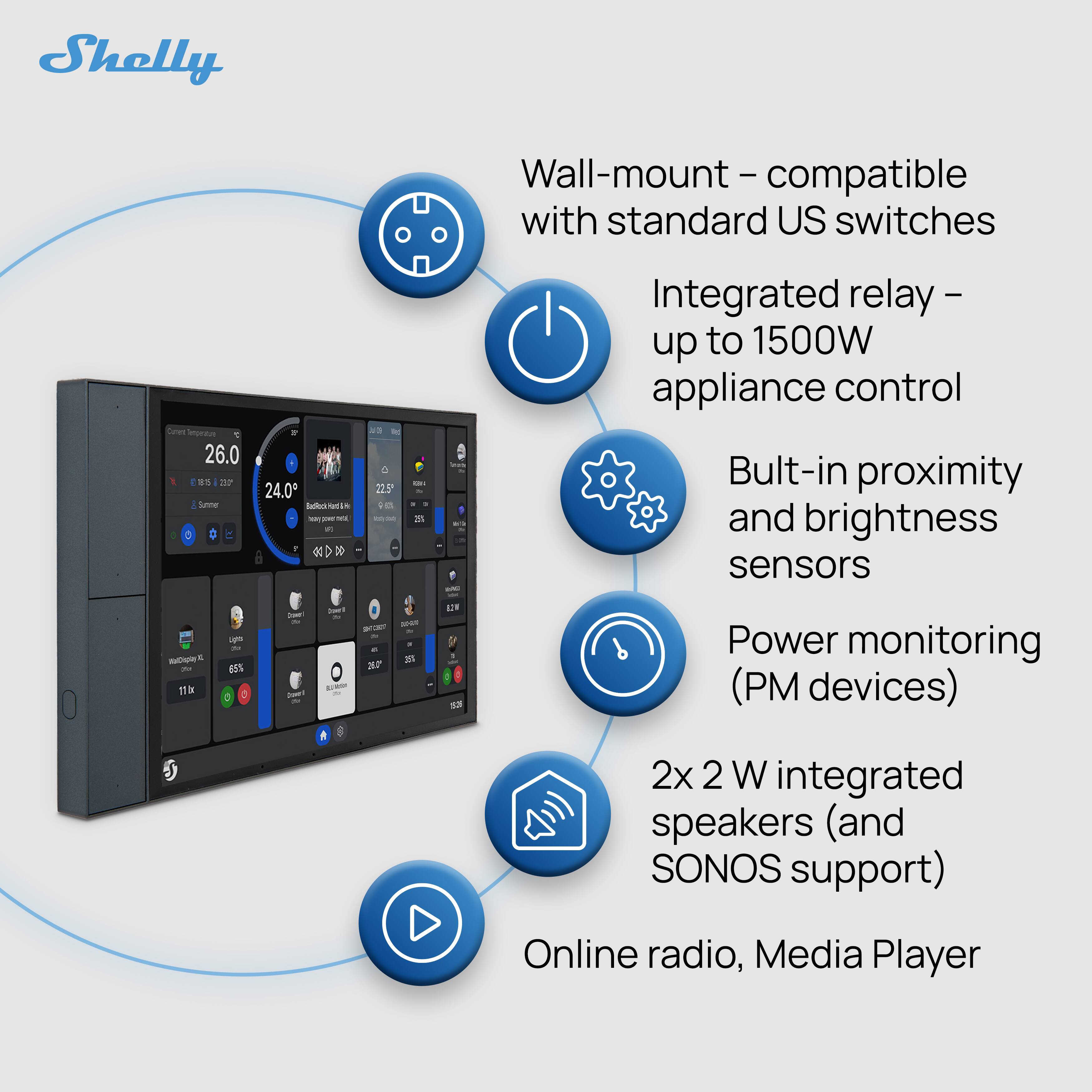 Shelly

Wall-mount – compatible with standard US switches

Current Temperature 26.0° | 36° Summer
24.0°

Integrated relay – up to 1500W appliance control

Bult-in proximity and brightness sensors

Power monitoring (PM devices)

2x 2 W integrated speakers (and SONOS support)

Online radio, Media Player