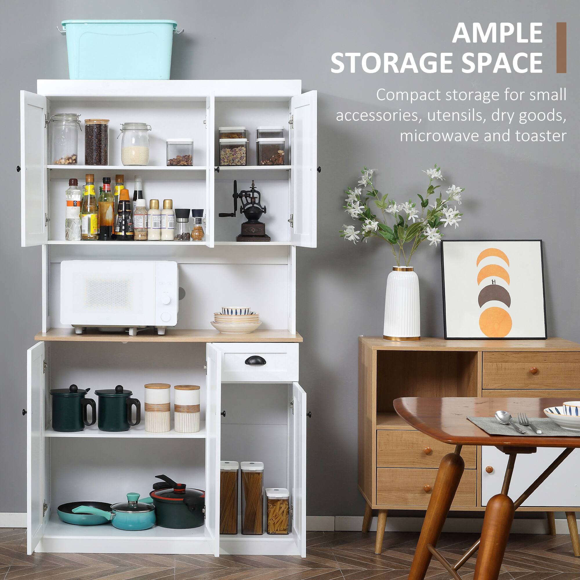 AMPLE STORAGE SPACE
Compact storage for small accessories, utensils, dry goods, microwave and toaster