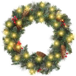 Casafield - Green Fir Artificial Holiday Christmas Wreath Holiday Décor - Green Pinecones White Lights