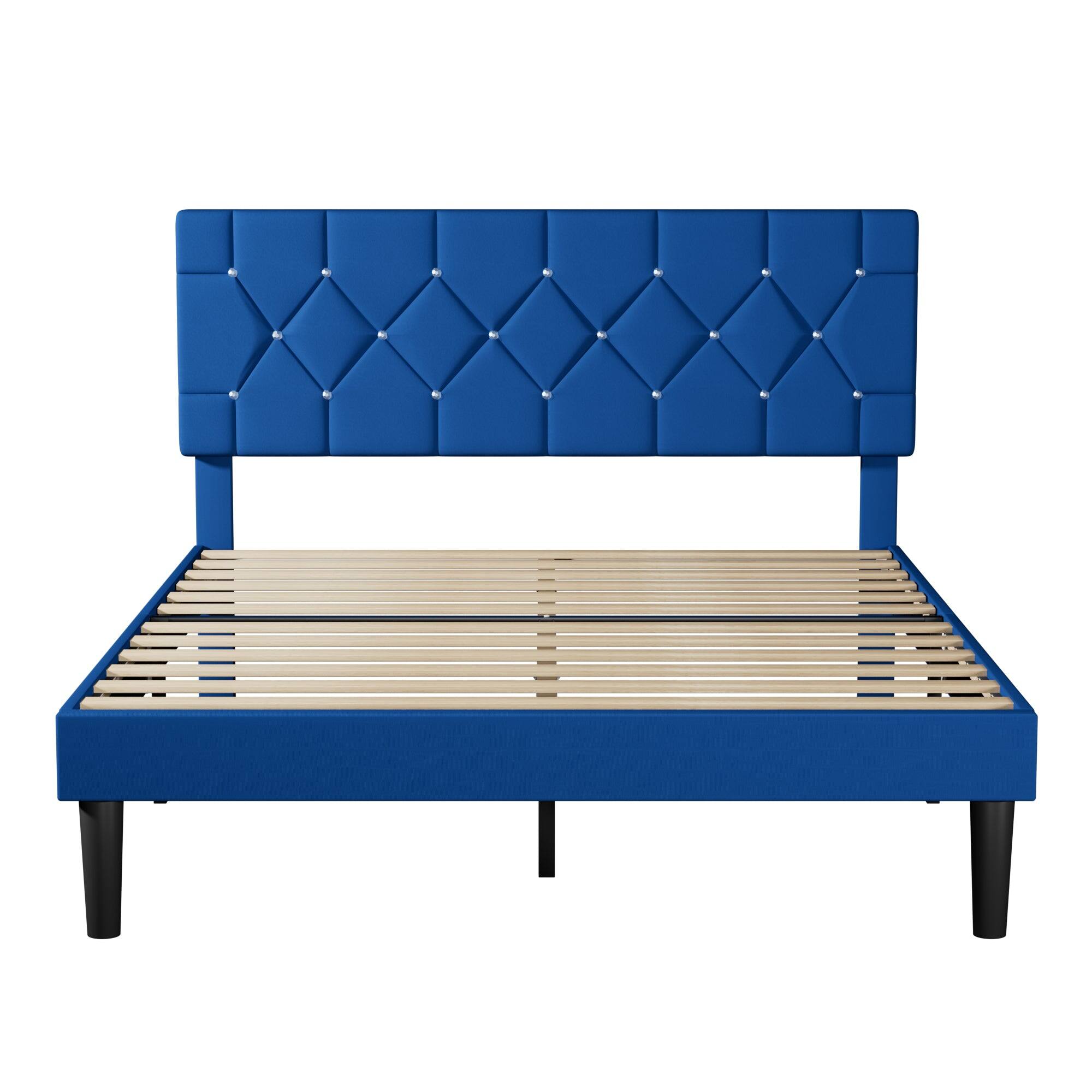 Left. Vecelo - Queen Bed Frame with Upholstered Headboard, Heavy Duty Wooden Bed Slats - Noiseless Platform Bed, No Box Spring Required - Blue.