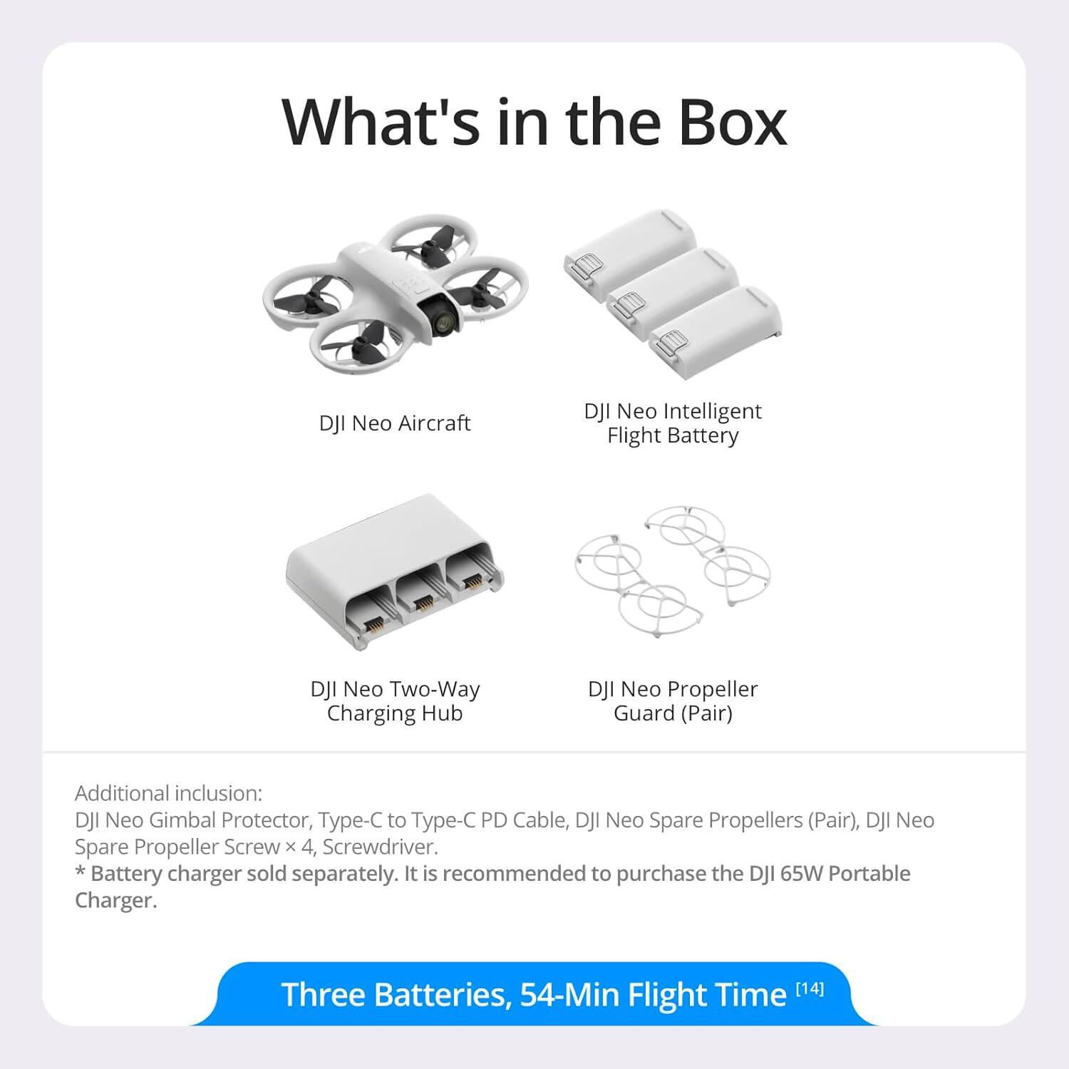 What's in the Box

- DJI Neo Aircraft
- DJI Neo Intelligent Flight Battery
- DJI Neo Two-Way Charging Hub
- DJI Neo Propeller Guard (Pair)

Additional inclusion:
- DJI Neo Gimbal Protector
- Type-C to Type-C PD Cable
- DJI Neo Spare Propellers (Pair)
- DJI Neo Spare Propeller Screw x 4
- Screwdriver

*Battery charger sold separately. It is recommended to purchase the DJI 65W Portable Charger.

Three Batteries, 54-Min Flight Time [14]