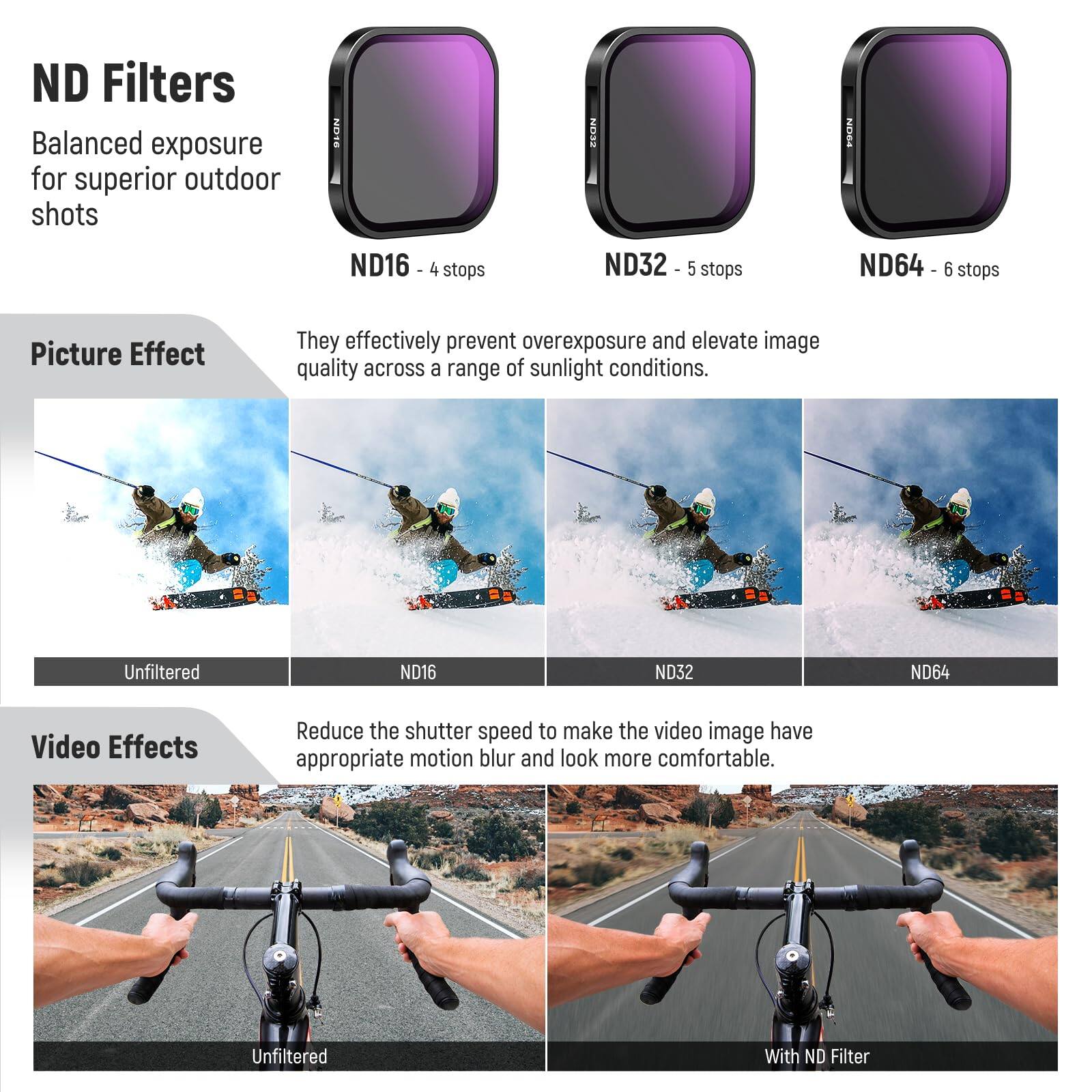 ND Filters  
Balanced exposure for superior outdoor shots  

ND16 - 4 stops  
ND32 - 5 stops  
ND64 - 6 stops  

Picture Effect  
They effectively prevent overexposure and elevate image quality across a range of sunlight conditions.  

Unfiltered  
ND16  
ND32  
ND64  

Video Effects  
Reduce the shutter speed to make the video image have appropriate motion blur and look more comfortable.  

Unfiltered  
With ND Filter