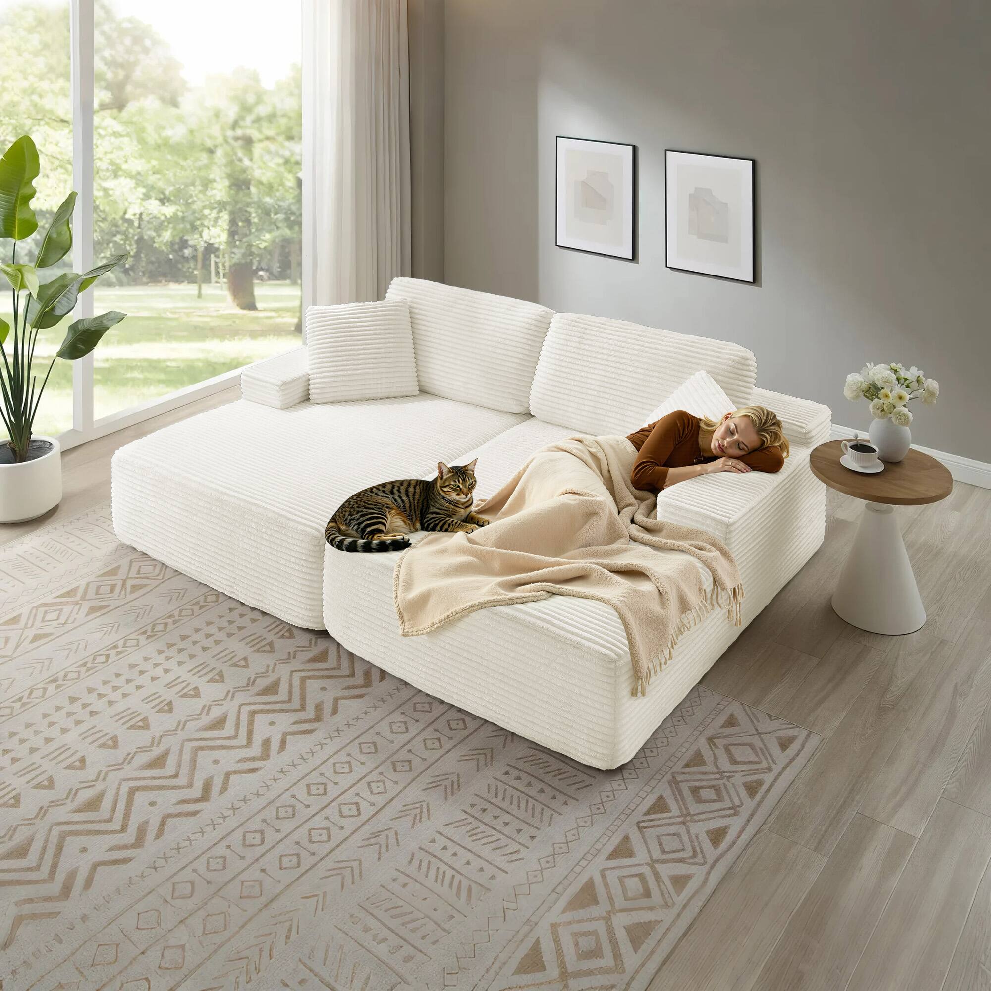 Meqiodas - 89.3” Oversized Double Lounge Chaise,Cloud Plush Sofa Bed,Modern Corduroy Upholstered Boneless Cloud Sofa Deep Seat - Beige White